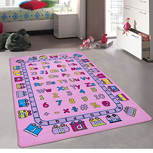 CR’s Kids/Baby Room/Daycare/Classroom/Playroom Girl’s Area Rug. Alphabet. Train. Letters. Numbers. Educational. Fun. Pink. Purple. Non-Slip Back. Bright Vibrant Colors (3 Feet X 5 Feet)