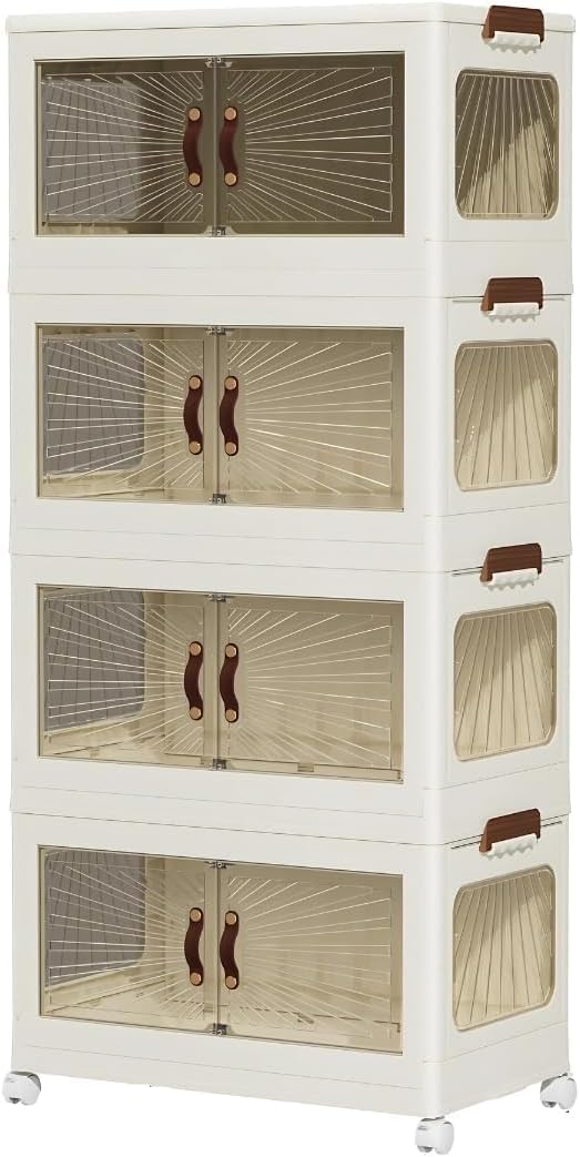 Storage Cabinet with Doors – Mobile Storage Organizer with Wheels, Durable and Spacious Multi-Purpose Cabinet for Home, Office, or Kitchen, Cream (4 Layer)