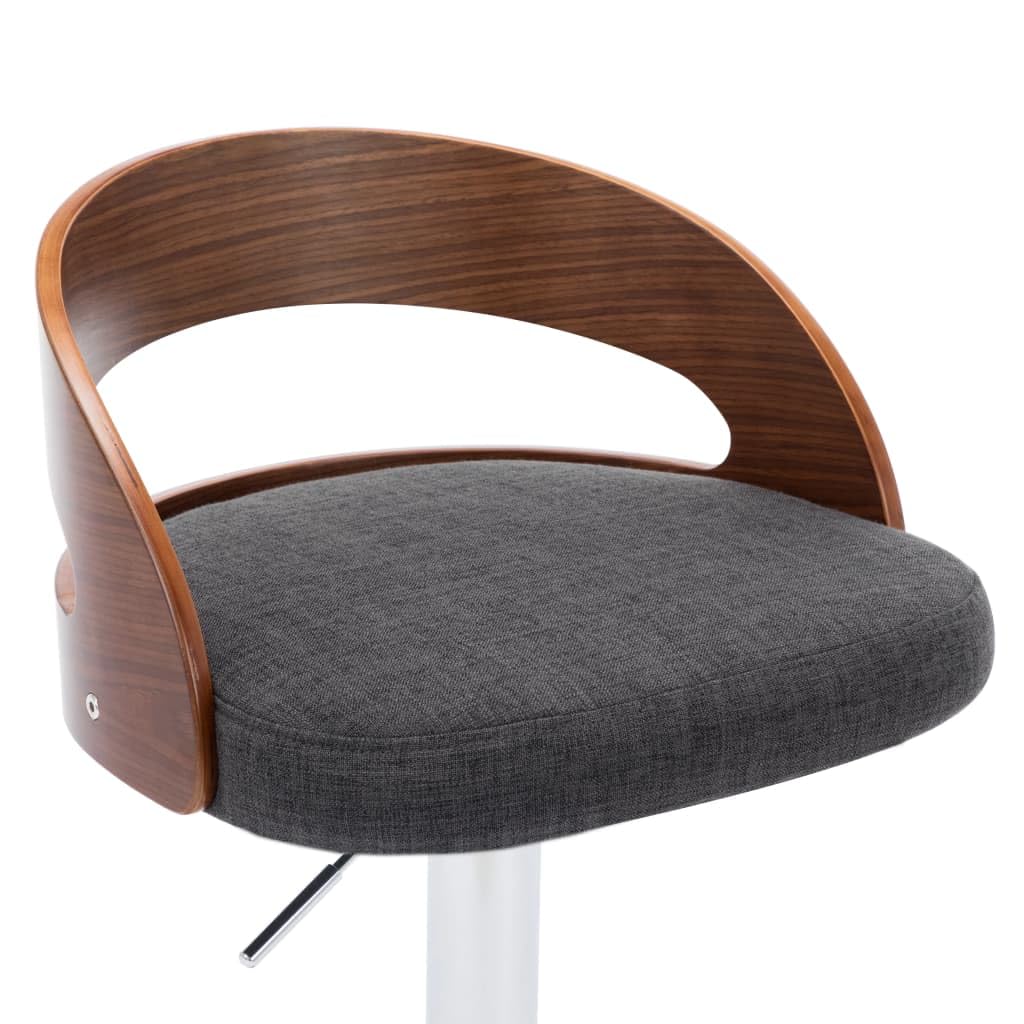 Zestaw 2 stołków barowych, ciemnoszare, krzesła z tkaniny i zakrzywionego drewna, regulowana wysokość z podnóżkiem, wytrzymała metalowa rama, nowoczesny design do kuchni lub pokoju