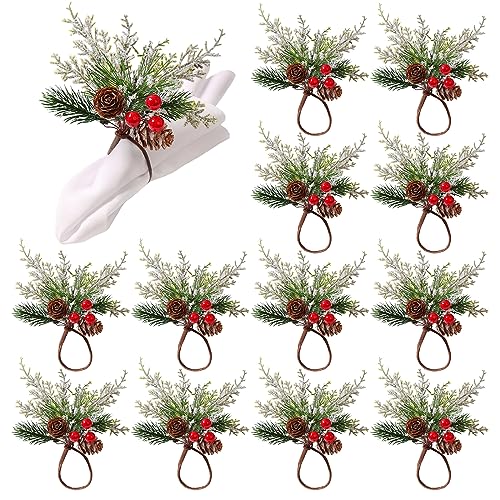 Emivery 12 Pieces Christmas Napkin Rings, Pine Needle Red Berries Xmas Napkin Holder Rings Pine Cone Handmade Napkin Rings for Christmas Wedding Party Banquet Table Decor