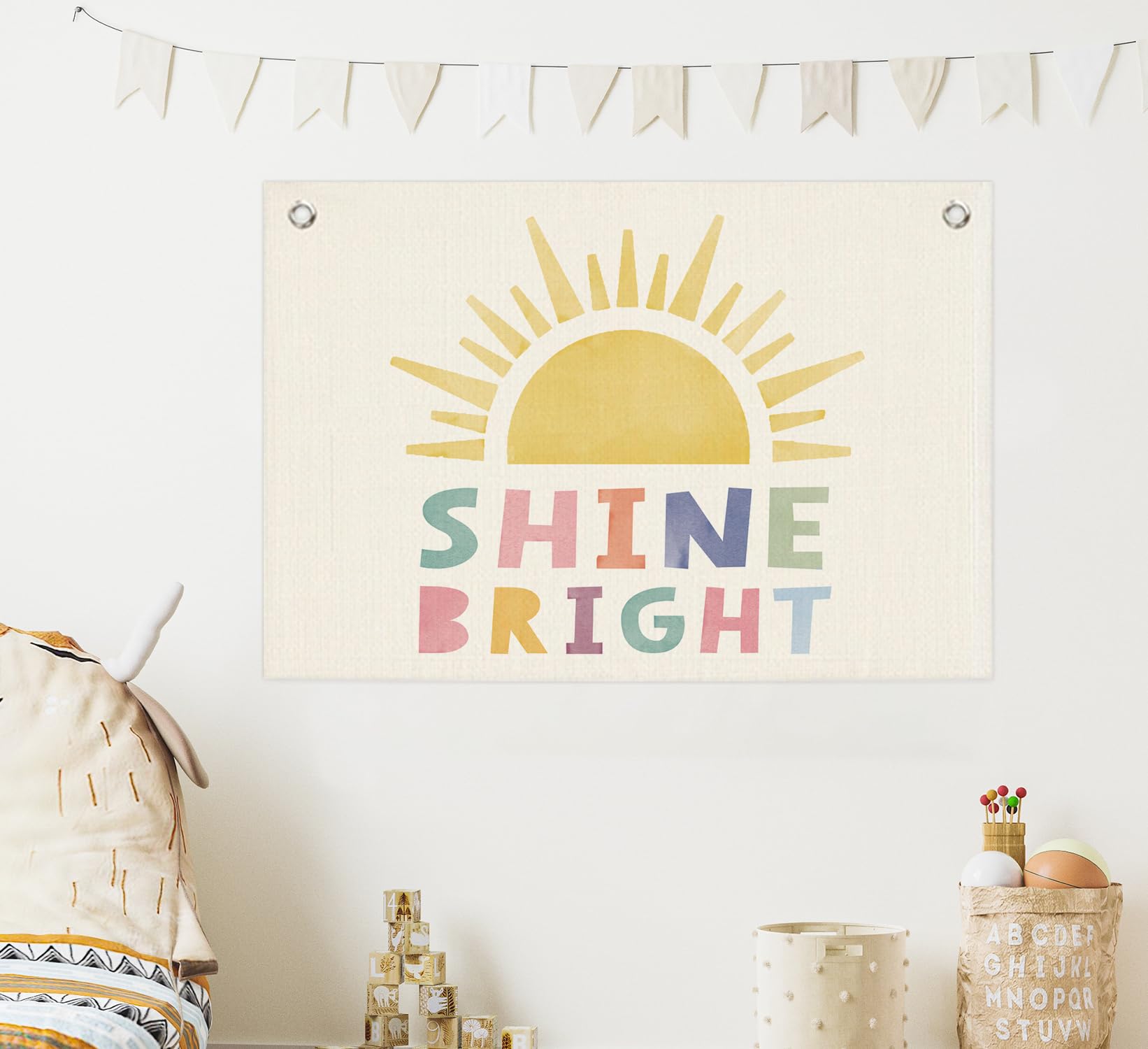 jirteax Sun Shine Bright Canvas Banner,Boho Hanging Flag Banner Decor for Nursery Playroom Kids Trendy Room Dorm Bedroom Deco,8X12 Inch