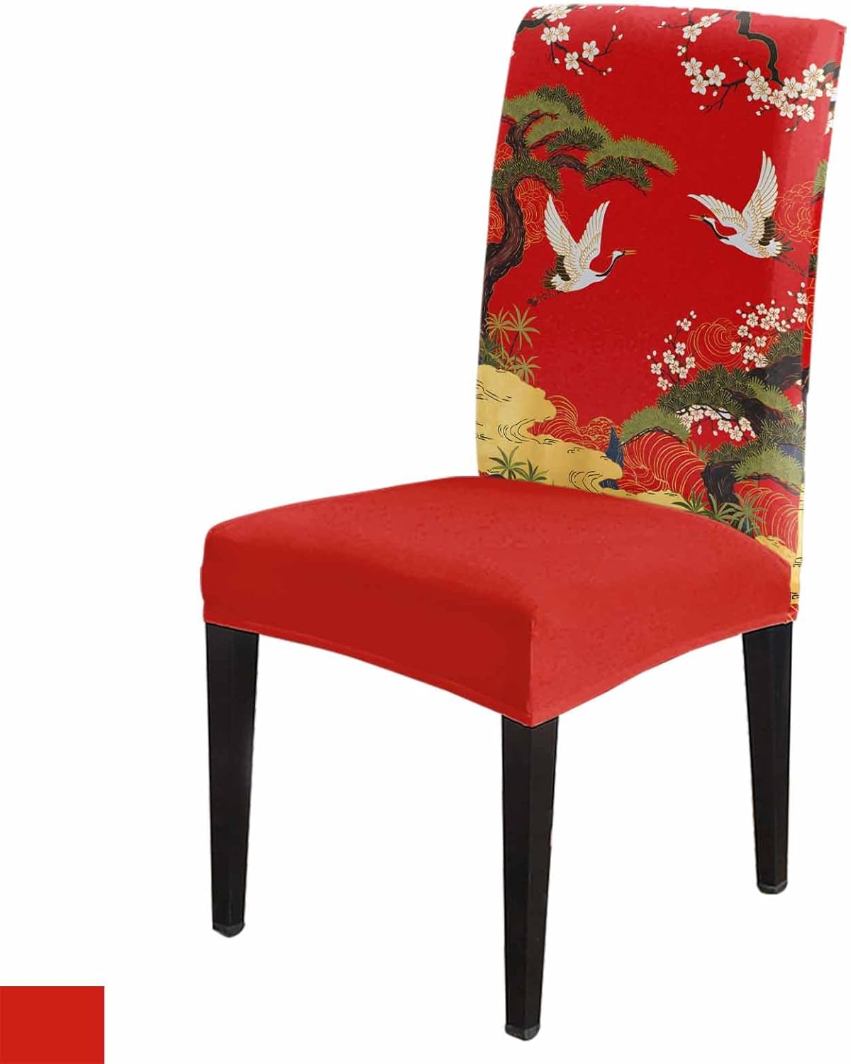 Chair Covers for Dining Room Set of 4,Retro Crane Pine Flower on Red Stretch Seat Protector Removable Washable Chairs Slipcovers for Kitchen Banquet Wedding Hotel,Asian Chinese Pastoral Scenic