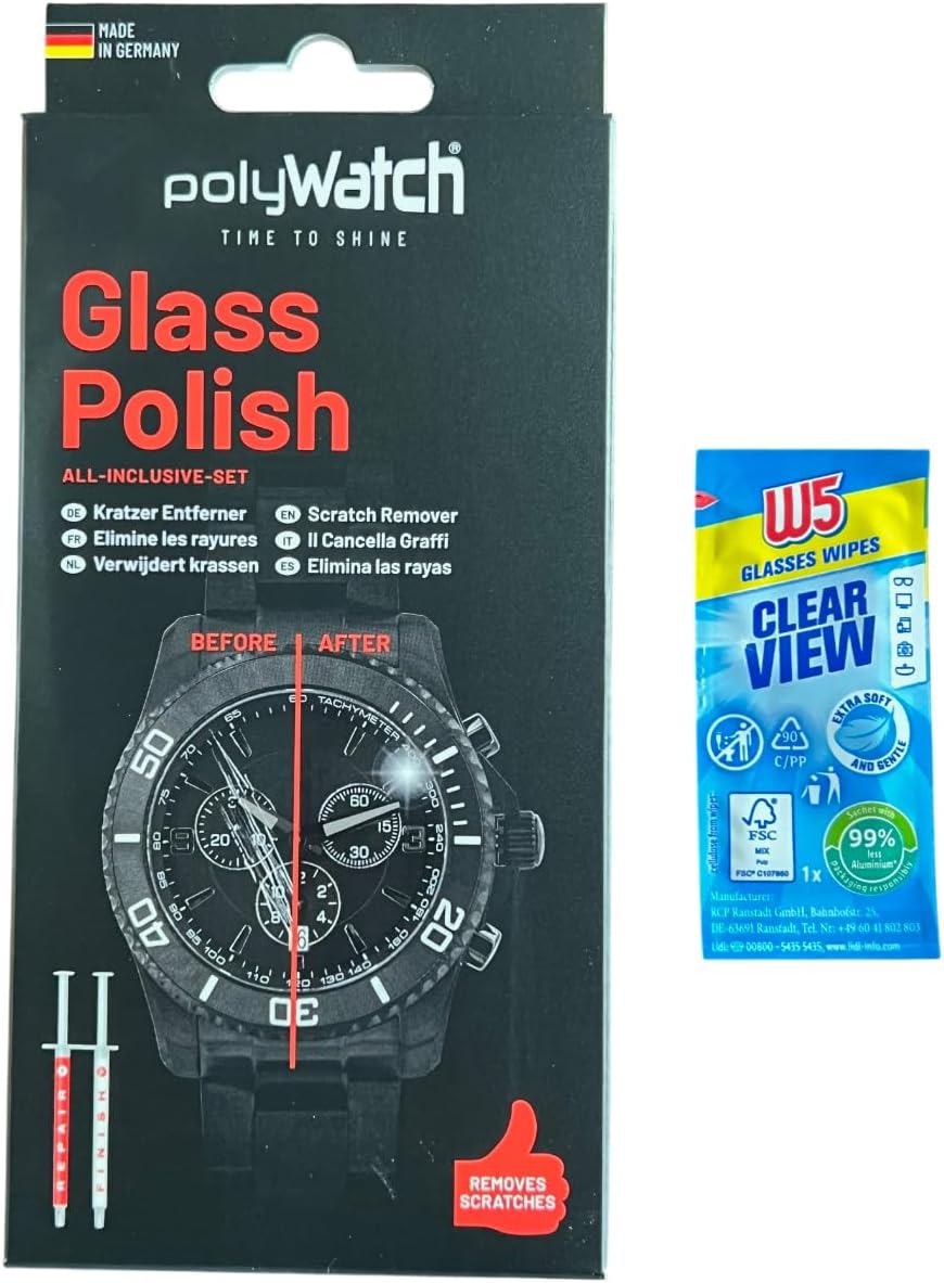 Polywatch Watch Crystal Glass polishing Paste with W5 Wipe Cleaner