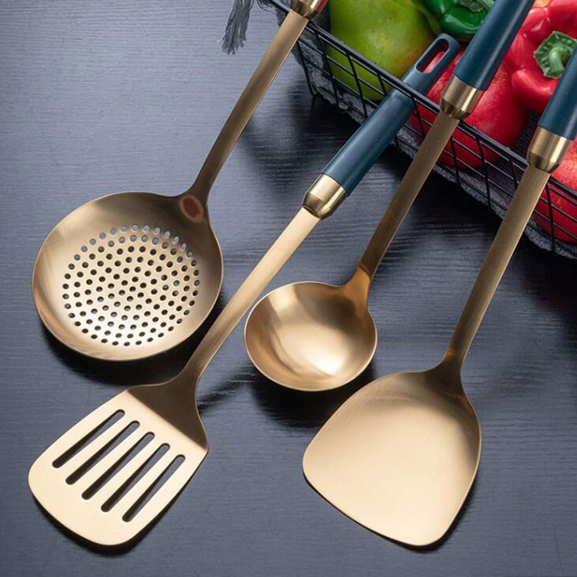 Pfannenwender aus Edelstahl 304, Löffel, 4-teiliges Set, Küchenutensilien, Ablasslöffel, Gadgets aus Holz
