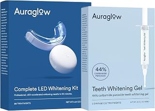 Auraglow Teeth Whitening Kit & 44% Carbamide Peroxide Gel Refill - LED Professional Whitening for Deep Stains