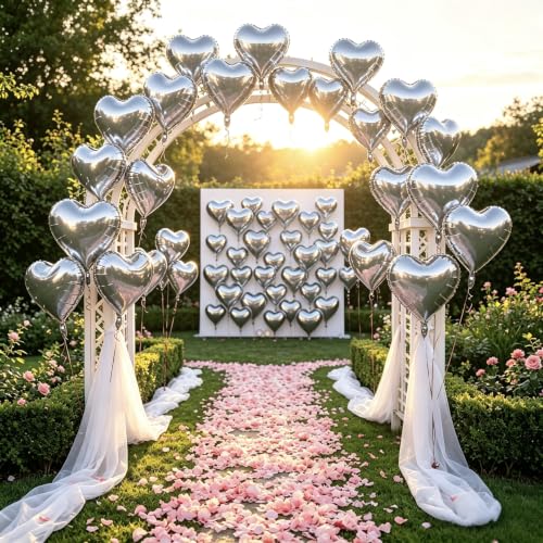 Image of 50 Pcs Silver Heart Balloons,5 Inch and 10 Inch Heart Foil Balloons Love Balloon Valentine Balloon for Birthday Party Wedding Engagement Party Baby Shower Valentine Day Decorations
