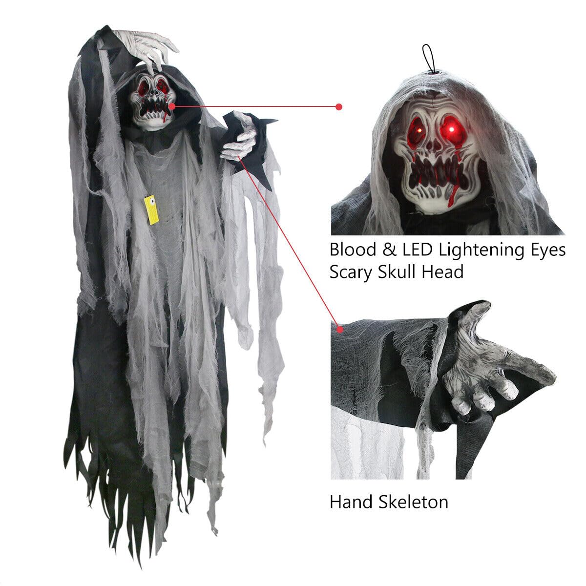 Decorazioni di Halloween nere da 1,5 m da appendere fantasma spaventoso puntello teschio per esterni e interni oggetti di scena di Halloween grandi