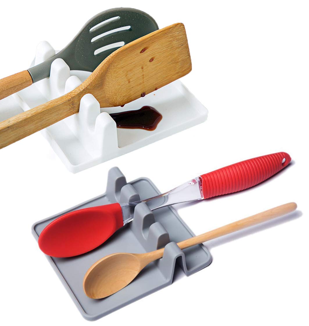2Pcs Silicone Utensil Rest with Drip Pad for Multiple Utensils, Heat-Resistant, BPA-Free Spoon Rest & Spoon Holder for Stove Top, Kitchen Utensil Holder for Spoons, Ladles, Tongs & More
