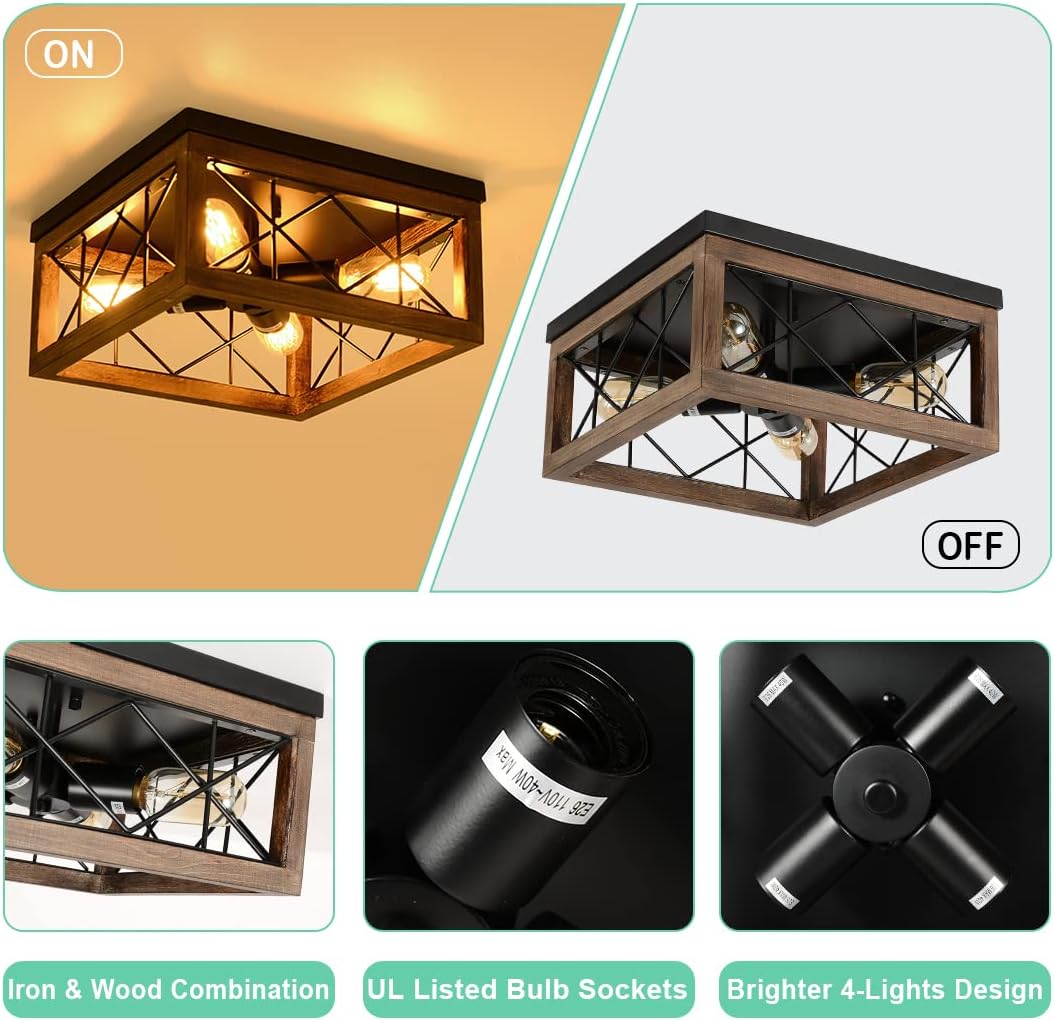 Farmhouse Ceiling Light Fixture, 4 Lights Wooden Flush Mount Ceiling Light, Rustic Vintage Light Fixtures Ceiling Mount Industrial Ceiling Lamp for Entryway Hallway Dining Room Kitchen Bedroom