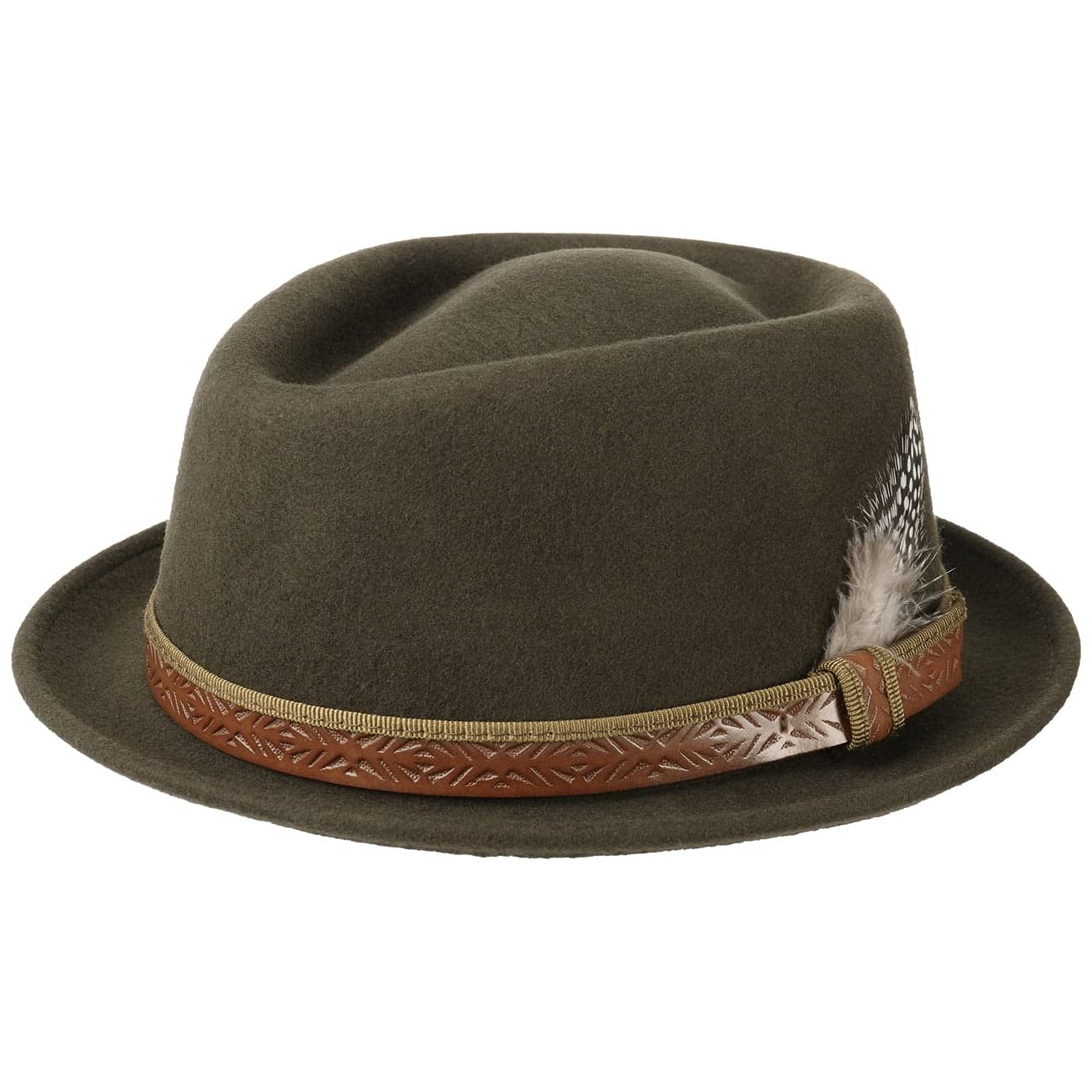 Lierys Galveston Pork Pie Hat Wool Felt Feather Handmade Made in Italy Men Summer Winter Olive