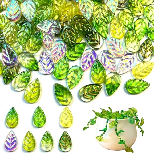 112pcs Glass Leaf Beads for Jewelry Making Green Leaf Crystal Beads for Beaded Plant DIY Crafts Earring Bracelet Necklaces Wind Chimes