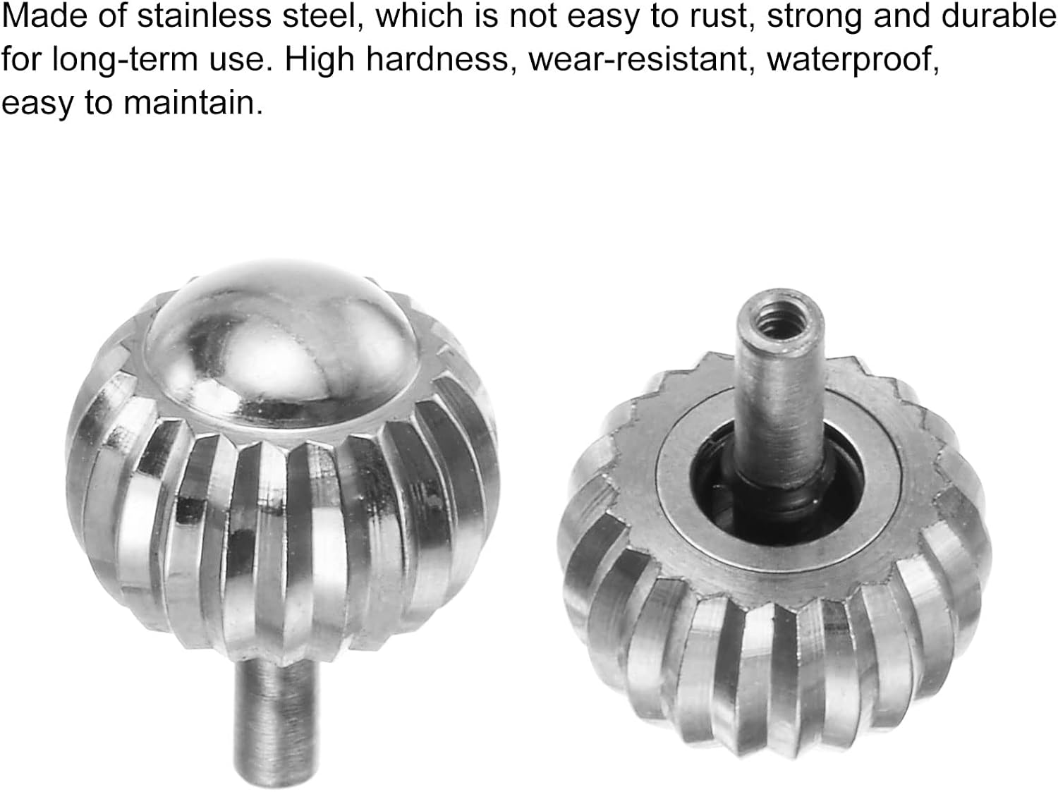 Close-up of two watch crowns, highlighting the stainless steel material and knurled texture.