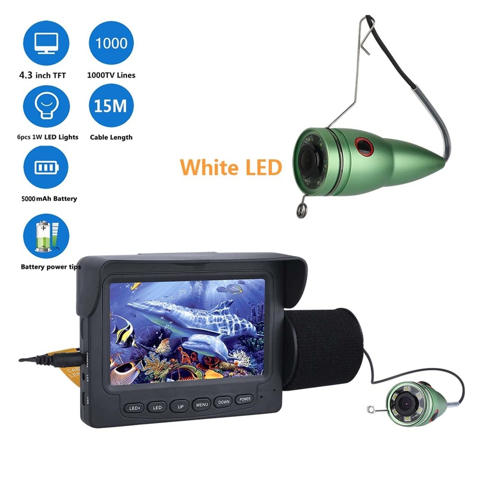 1. 5m 1000TVL. Fisher Fisher Podwodny Kamera Fishing 4.3" LCD Monitor 6szt 1 W. biały PROWADZONY Kamera Night Vision do połowów,Długotrwały Akumulator(White LED 30m Cable)