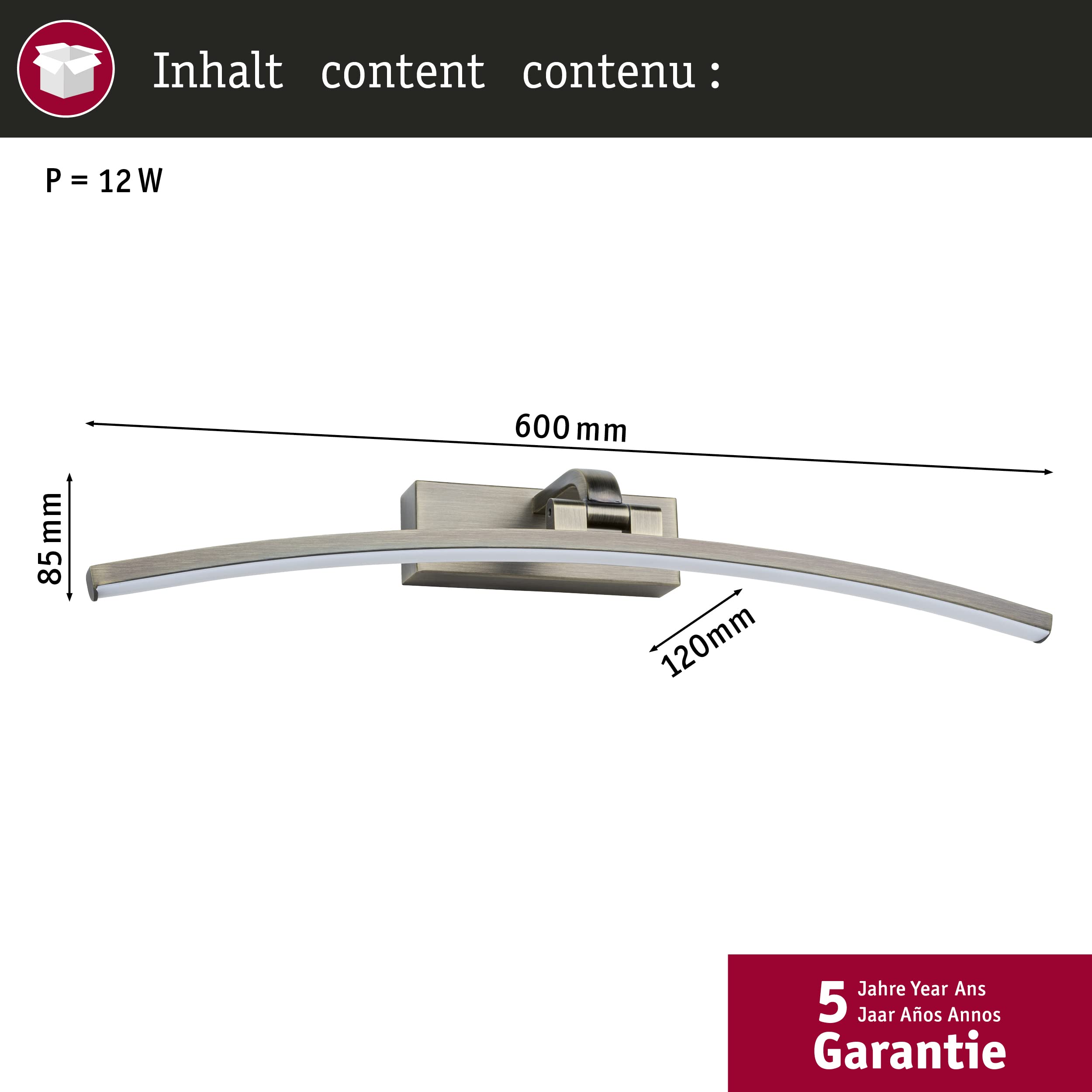 Paulmann 95561 Luminaria para cuadros LED Bento 500mm incl. 1x10W blanco cálido, latón envejecido, luz para cuadros, metal, plástico, aplique, 3000K