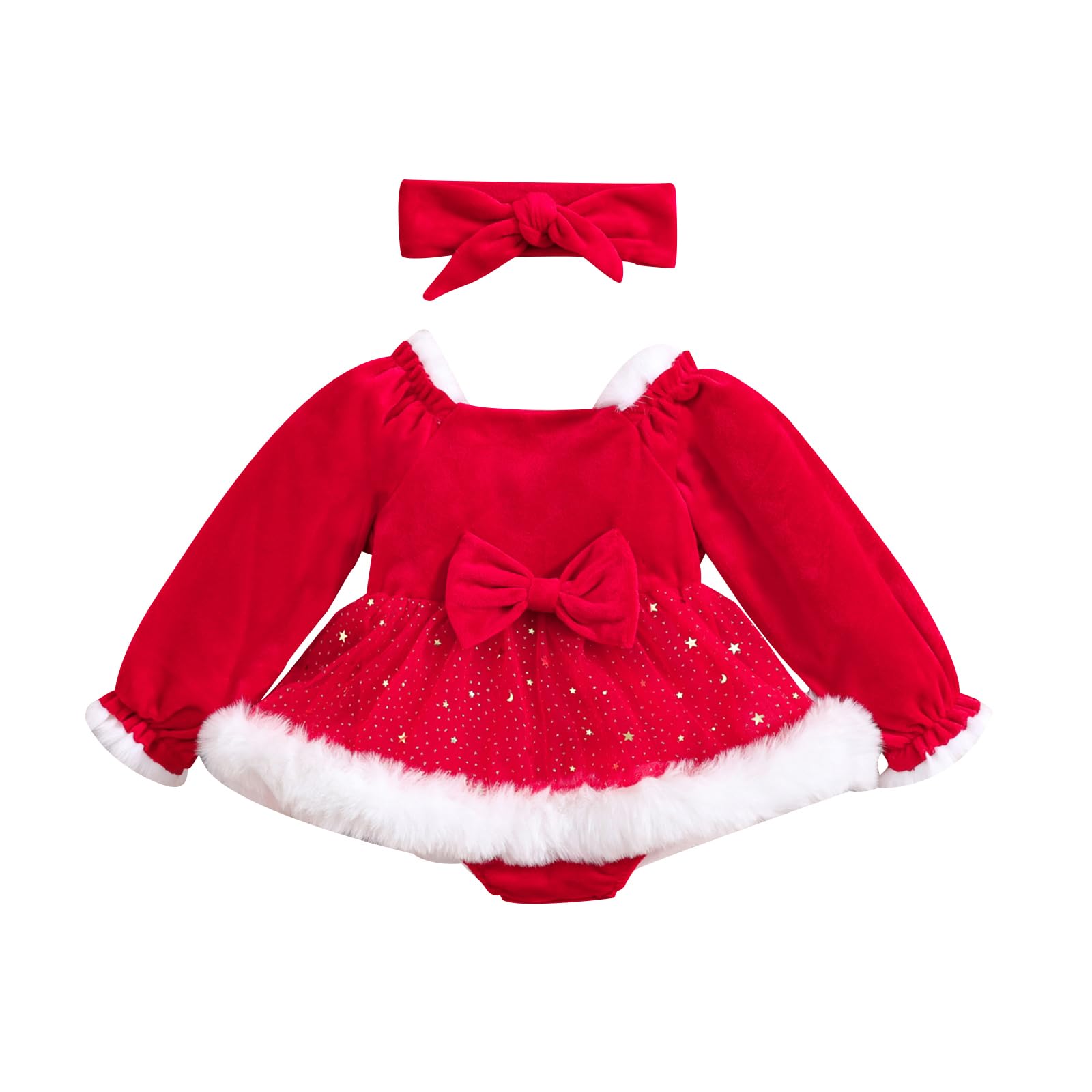 YINGISFITM My First Christmas Baby Girl Outfit Newborn Furry Santa Outfit Cute Red Christmas Dress Romper Xmas Clothes (Square Neck Dress, 6-12 Months)