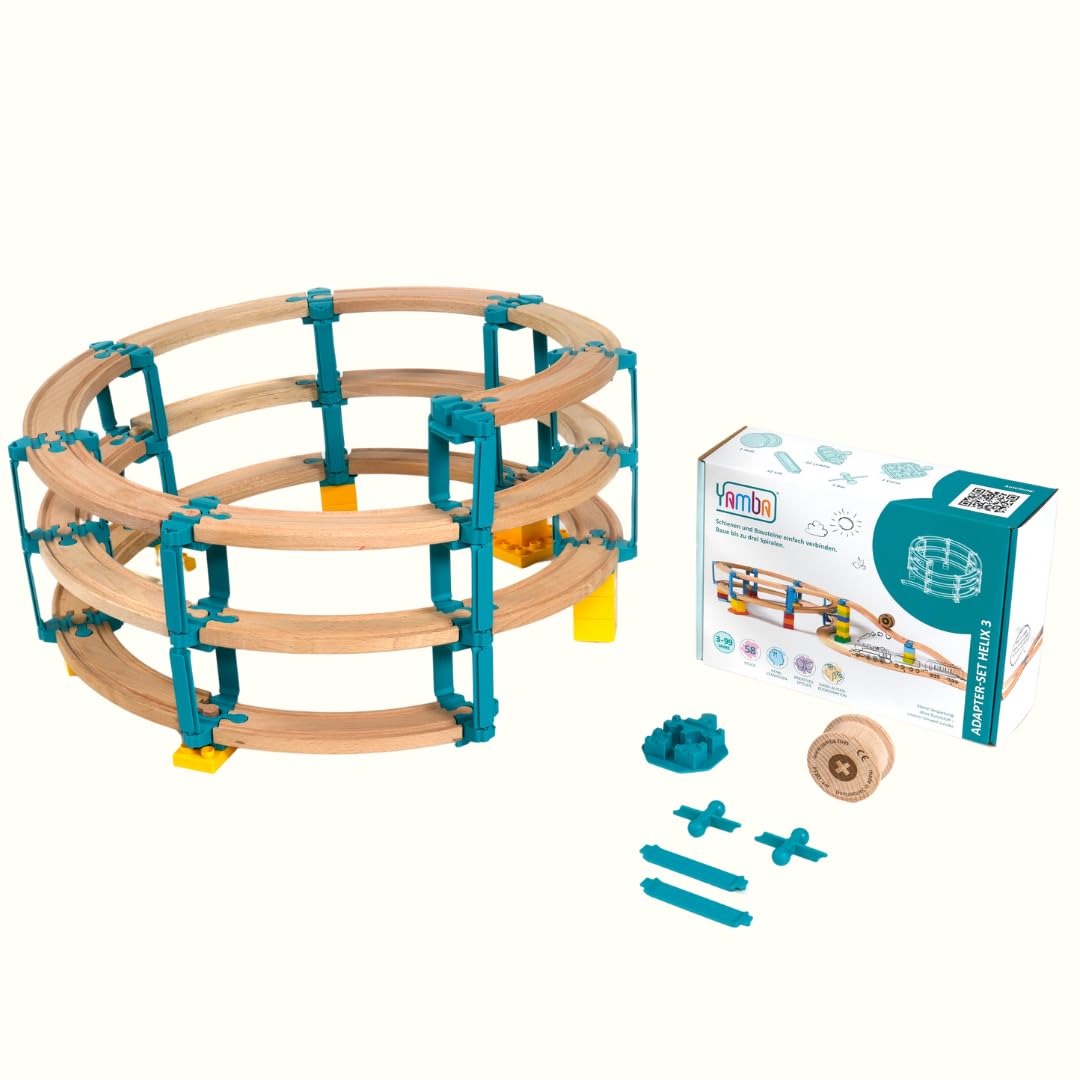 Yamba Zestaw adapterów Helix 3 - adaptery do szyn Brio® i klocków Duplo®. Pasuje do wszystkich popularnych drewnianych kolejek i klocków zaciskowych. W zestawie wałek drewniany, wałek drewniany, Swiss