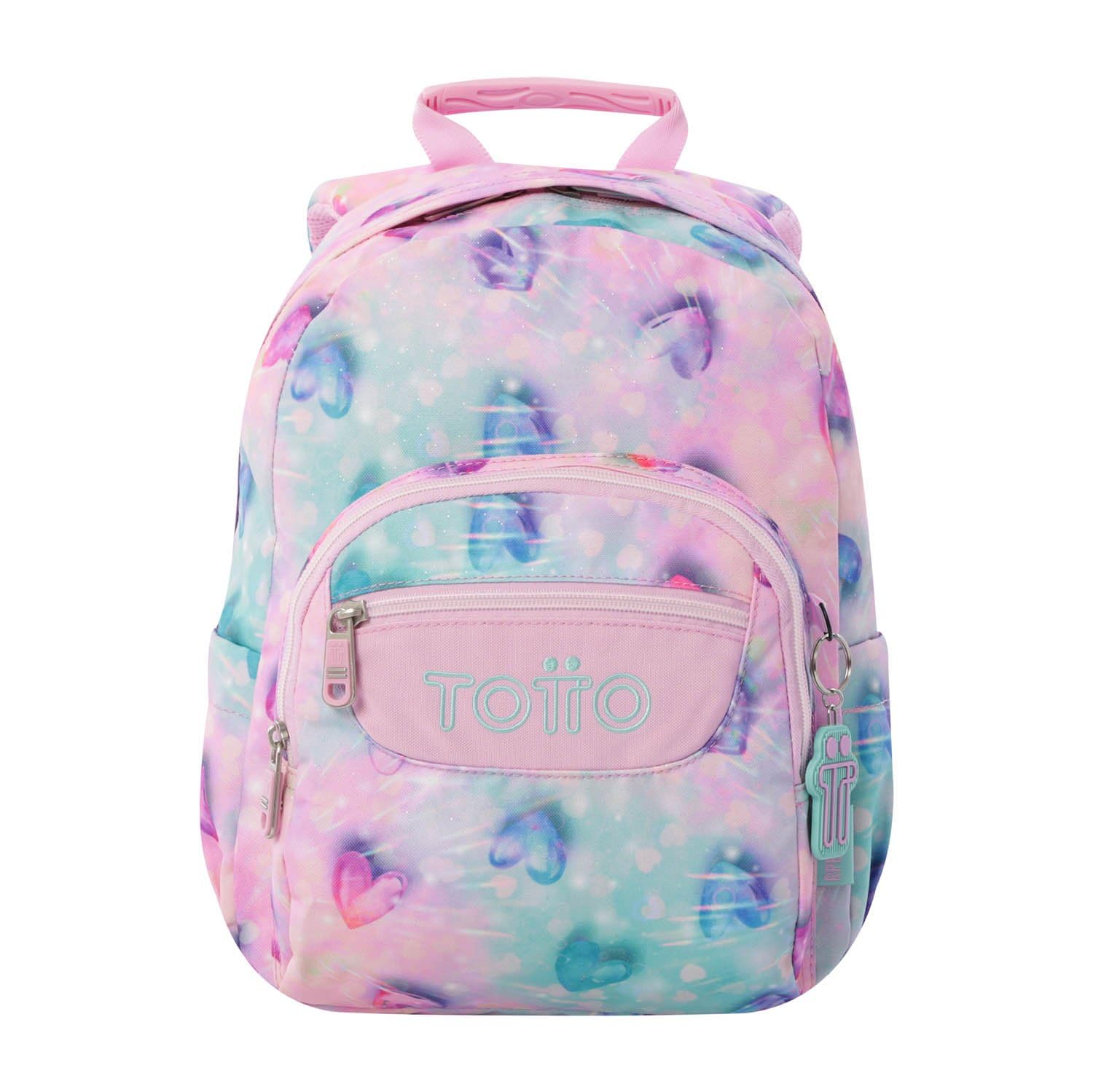 TOTTO - Mochila Escolar, Modelo Tempera, Capacidad 12 L, 3 Bolsillos, Bolsillo Tablet 10", Bolsillo Botella, Espaldar Ergonómico con Flujo de Aire, Cómodas Correas en S, Estampado Shiny Heart Glitter