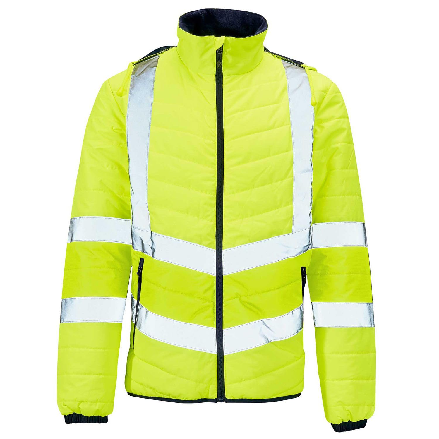 Expert Workwear Men's Yellow Hi Vis Two Tone Puffer Jacket Hooded Work Reflective Utility High Visibility Viz Padded Outerwear Workwear Lightweight Water-Resistant Quilt Lining