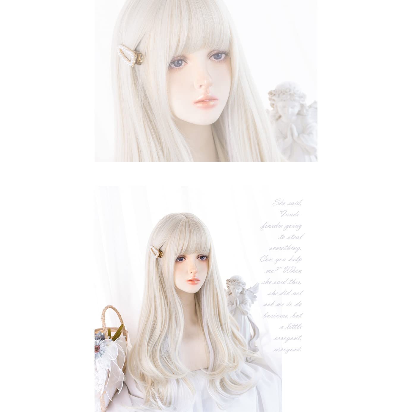 Beige Gold Highlights White Wavy Long Synthetic Hair Lifelike Daily Sweet Lolita Japanese Hot Princess Cosplay Party Natural Female Wigs with Bangs (Beige Gold Highlights White)