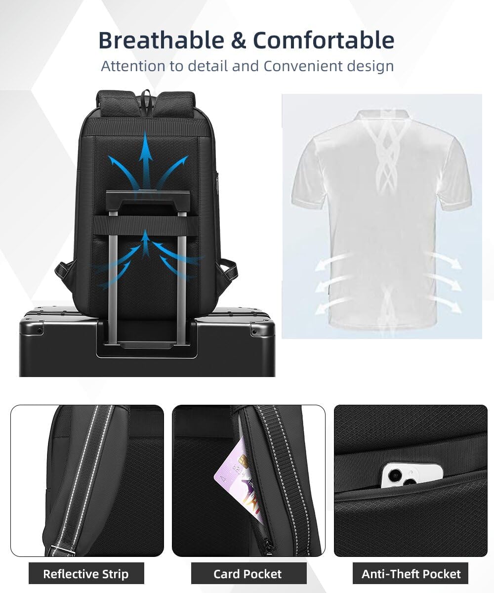 Business Backpack for Men 15.6 inch Expandable Slim Laptop Backpack With USB Charger Port Waterproof Anti-Theft Professional Work Computer Bag Hard Shell Backpack-Black - Image 5