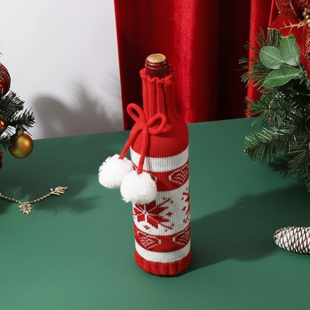 Ascension Christmas Wine Bottle Cover – Red & White Knitted Snowflake Sweater with Pom-Poms Holiday Table Décor, Gift Bag Decoration Xmas Bottle Cover for Gifting, Dining Table & Holiday Decor Ascension Christmas Wine Bottle Cover – Red & White Knitted Snowflake Sweater with Pom-Poms Holiday Table Décor, Gift Bag Decoration Xmas Bottle Cover for Gifting, Dining Table & Holiday Decor