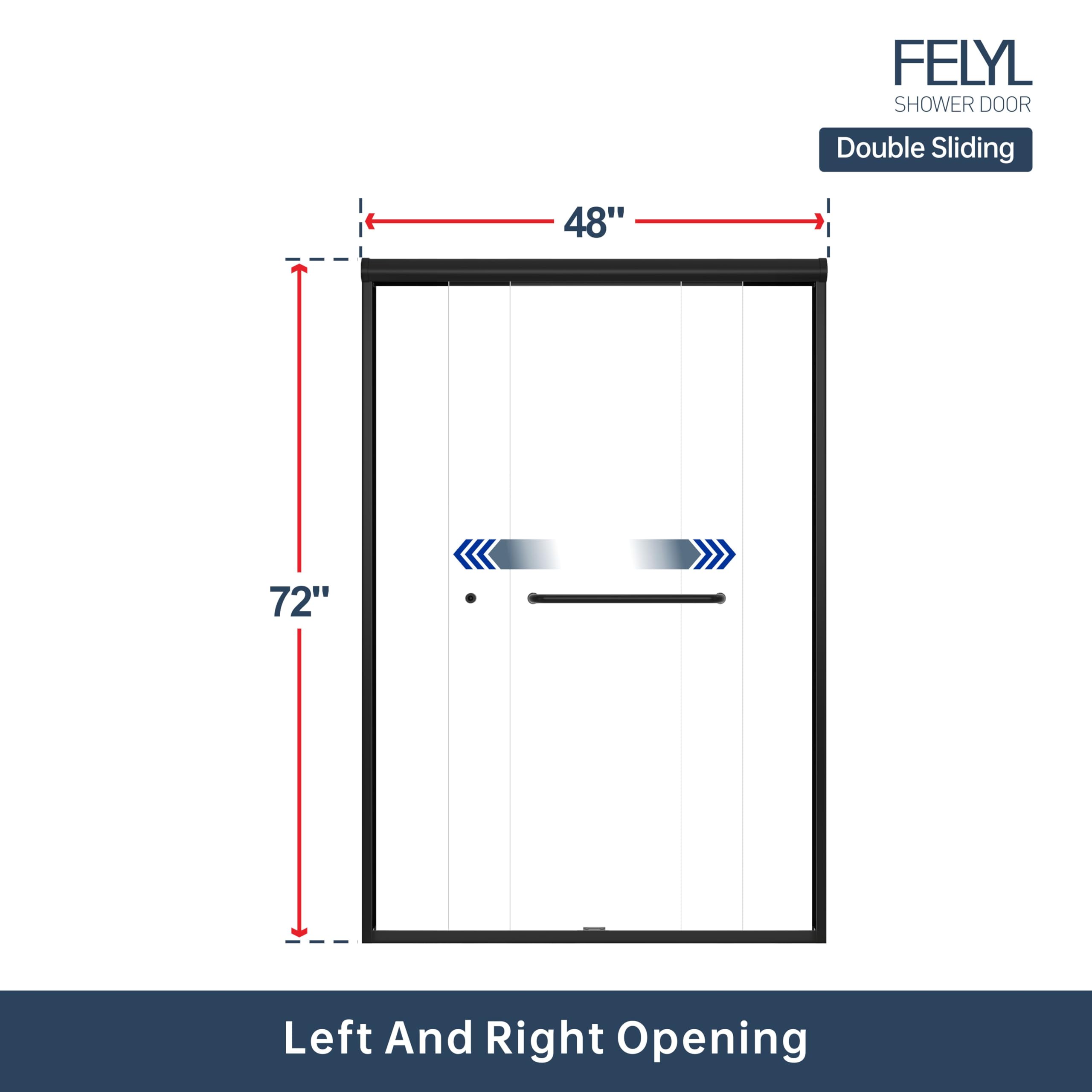 Condition photo showing New/Like New for double sliding shower door 43-48" w x 72" h, matte black, bypass shower door, clear glass, framed, 1/4" (6mm) tempered glass
