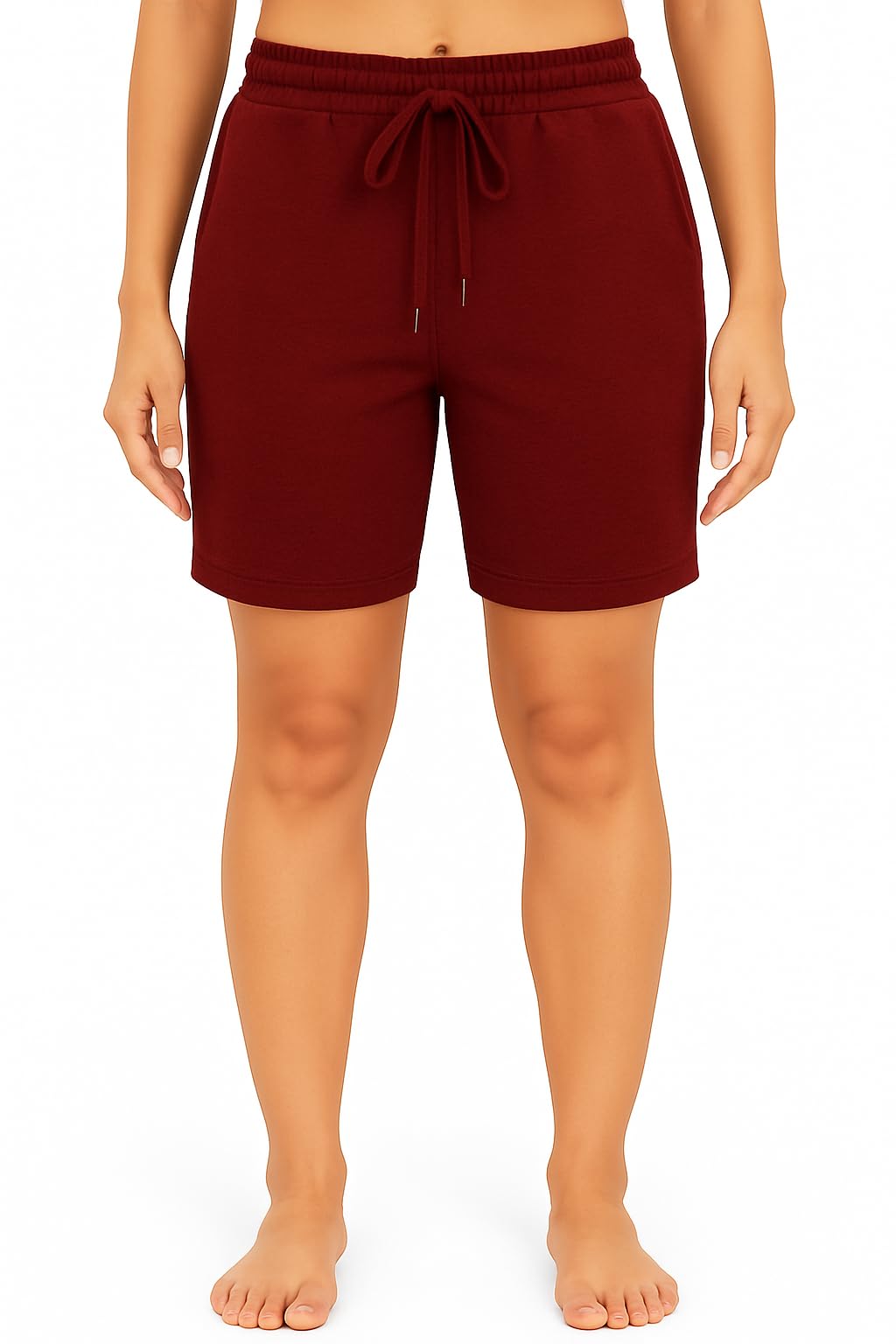 Womens Elastic Waist Cotton Shorts For Women Above Knee Shorts Single Pack (Marrone)-image-2