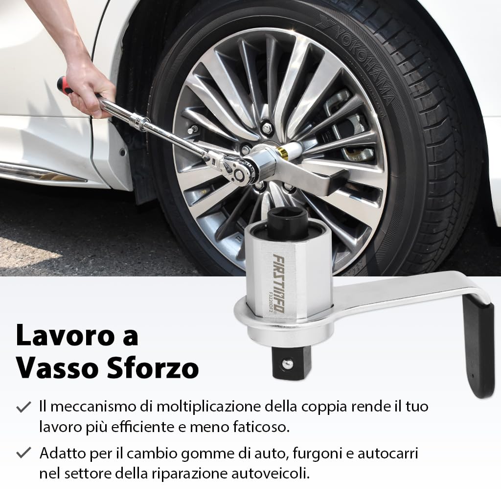 FIRSTINFO F3220DF2 | Moltiplicatore di Coppia Manuale 1200 Nm 3,4:1 | Chiave con Adattatore da 1/2" Femmina a 3/4" Maschio | Per Dadi Ruota e Manutenzione Auto