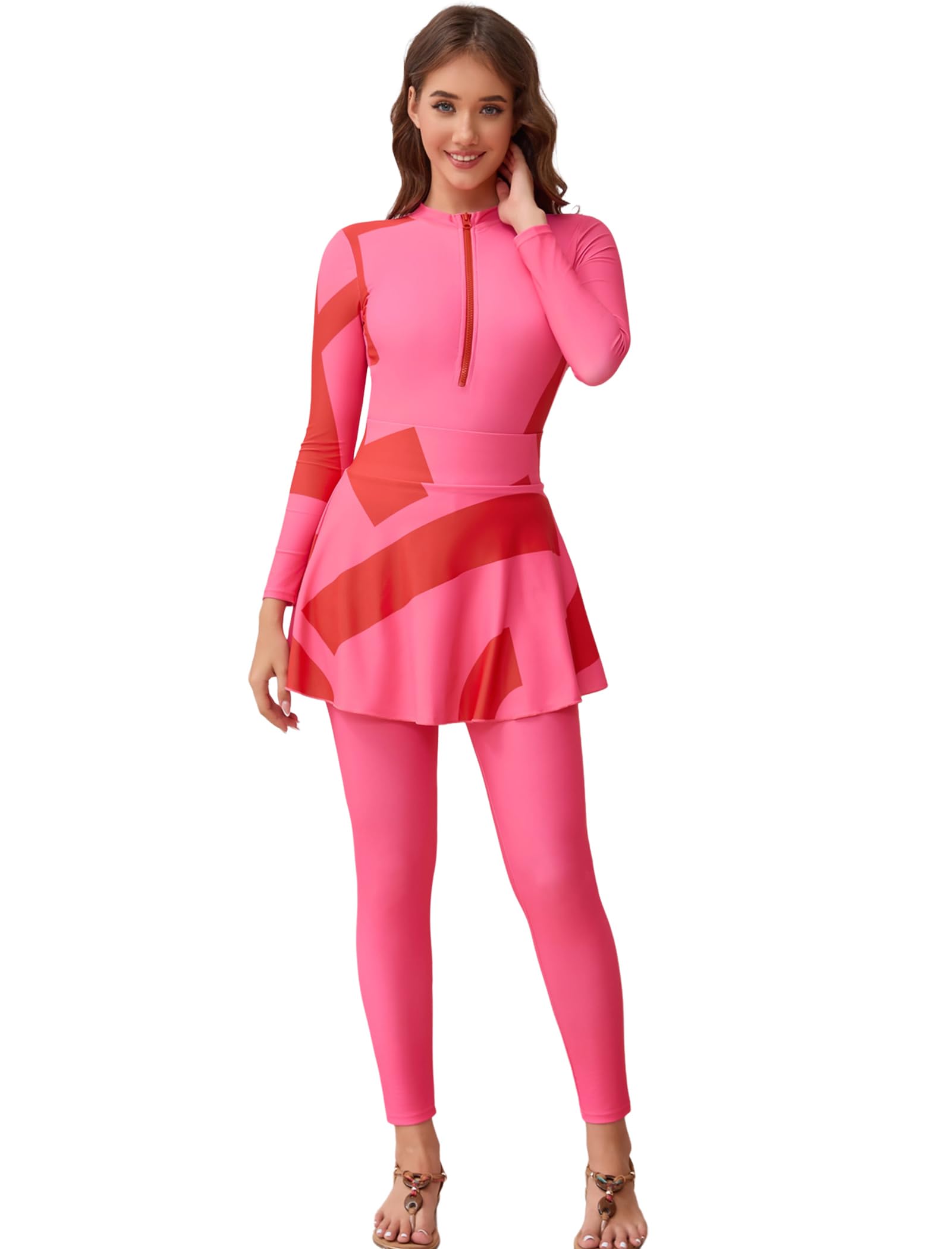 ABEWIP Muslim Swimsuits for Women 3 Piece Long Sleeves Swimming Suit Islamic Swim Tops Pants Skirt Rash Guard