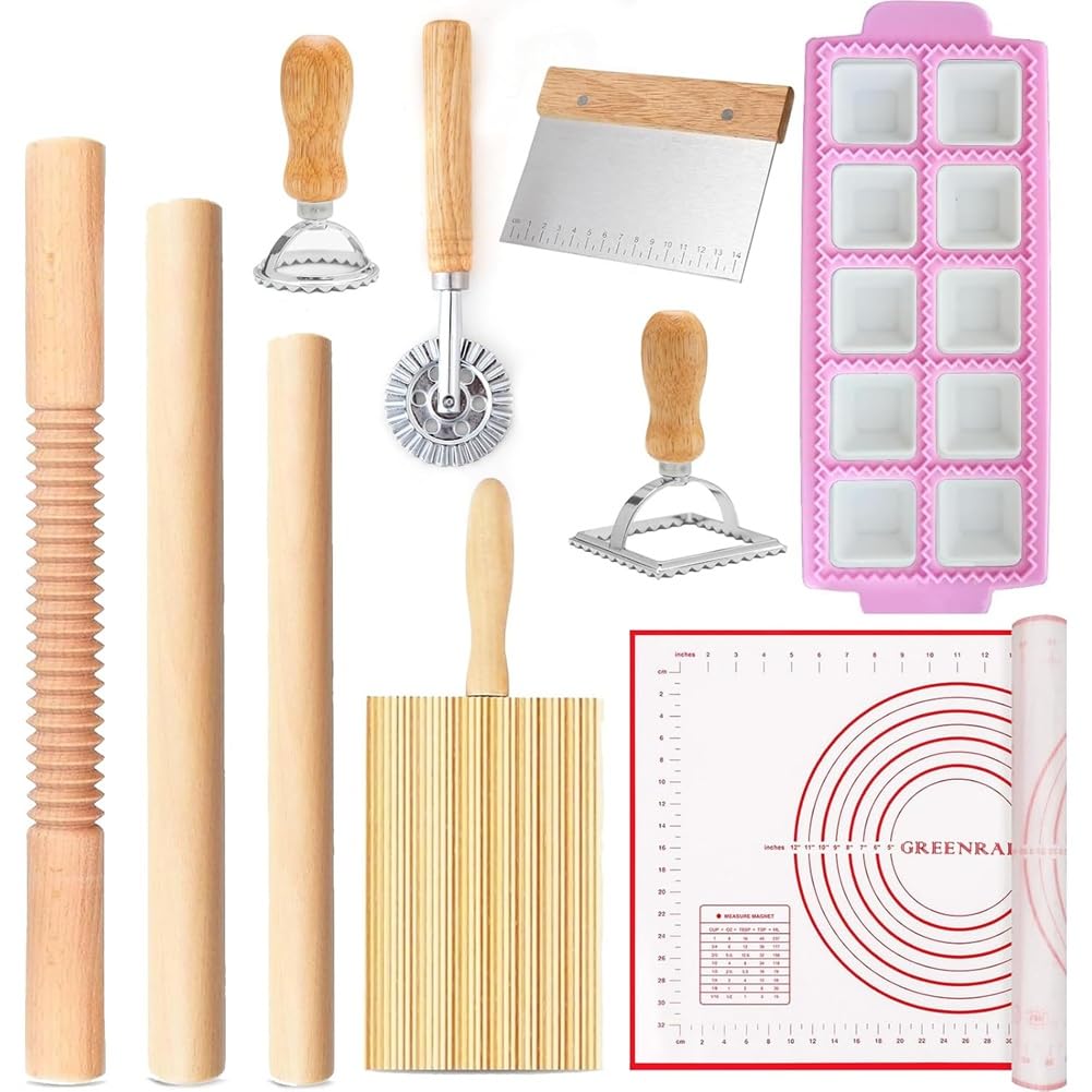 Vjsujehgy Ravioli Maker Set with Rolling Pins, Gnocchi Board, Stamps, Cutter& Baking Mat- Pasta Making Tools Kit
