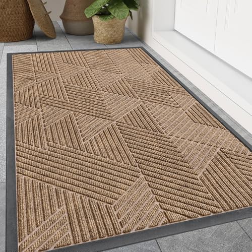 Image of Smiry Front Door Mat Outside Entrance, Heavy Duty Sturdy Natural Rubber Doormat, Trap Dirt and Moisture, Easy Clean Low Profile Mats for Indoor Outdoor Entry, Irregular Triangle (47x32, Light Brown)