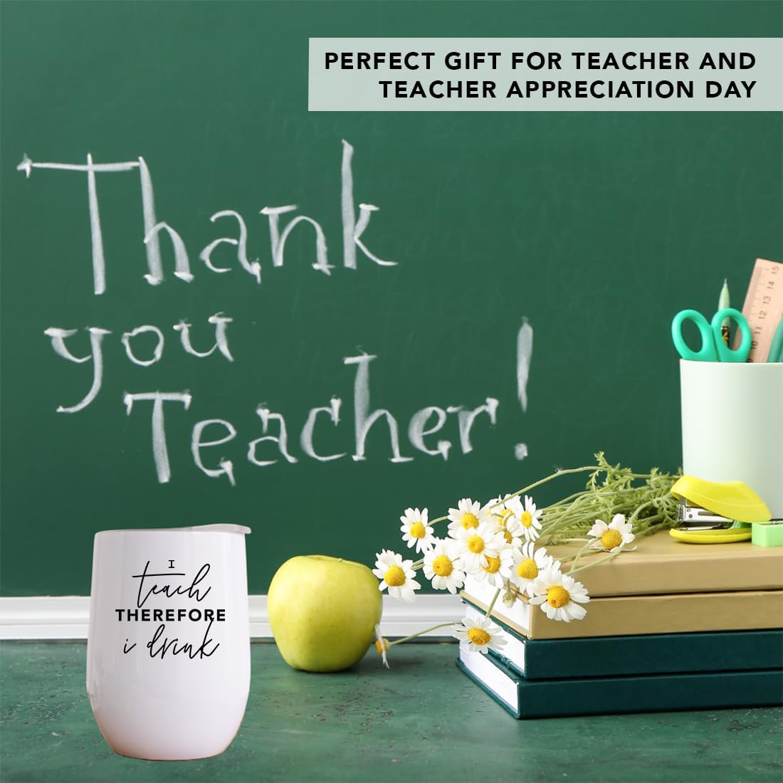 Andaz Press Funny Teacher Appreciation Wine Tumbler with Lid Stemless Stainless Steel Insulated I Teach Therefore I Drink Teachers Gift from Students for Teacher Appreciation Week 12 oz
