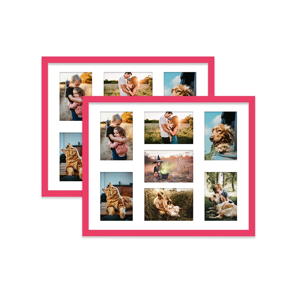Bright Pink Multi Photo Frame - Holds 7 x 6x4 Pictures, Family Collage Picture Frame for Wall Display, 20x16 Frame size, Set of 2