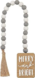 Merry and Bright Farmhouse Beads with Tassel, Rustic Wooden Beads Decor, Wooden Bead Garland for Tiered Tray, Tabletop, Shelf, Christmas Tree