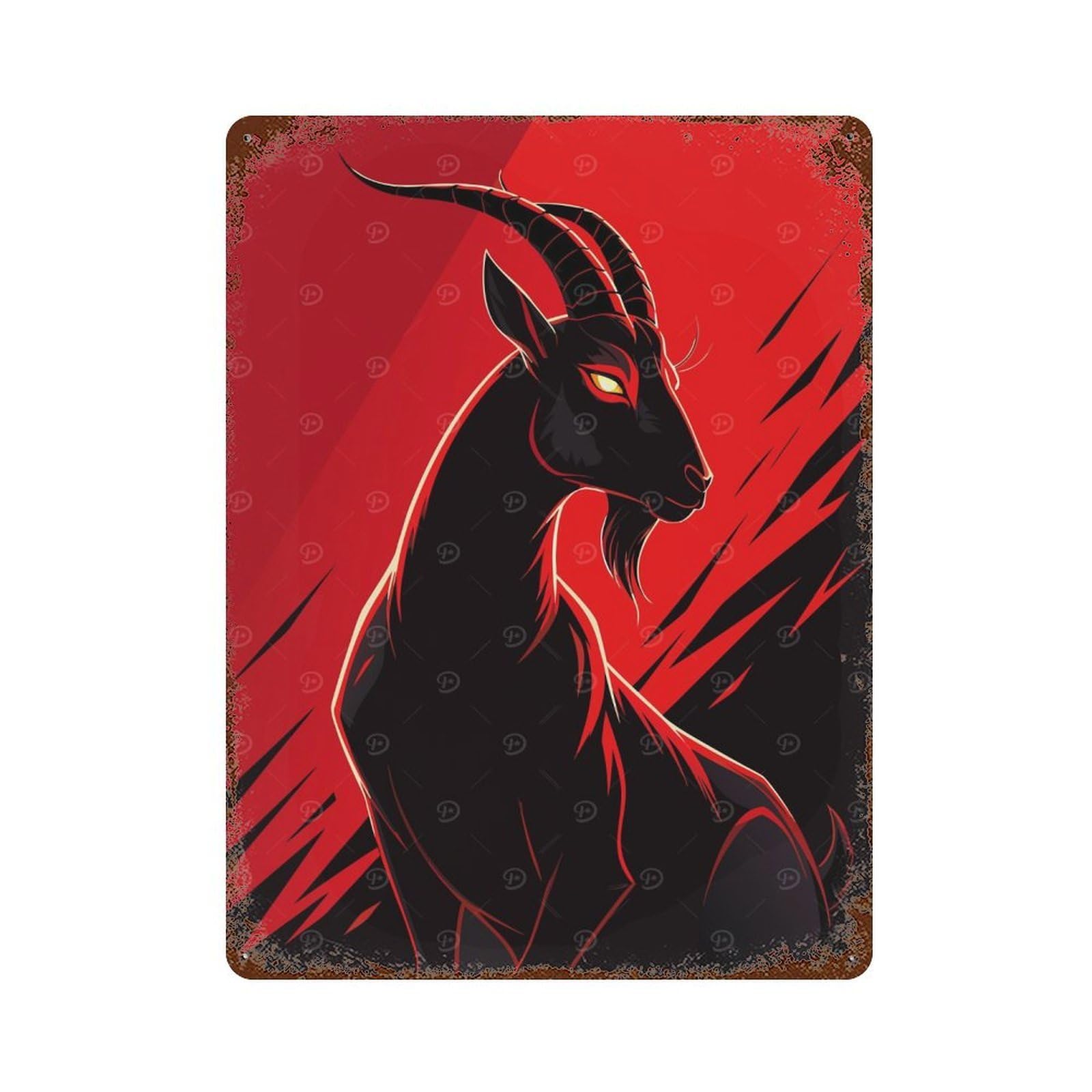 Stylized Goat Illustration 15.7"x11.8" Rust Effect Tin Sign, Industrial Home Decor for Living Room, Hallway And Home Decor