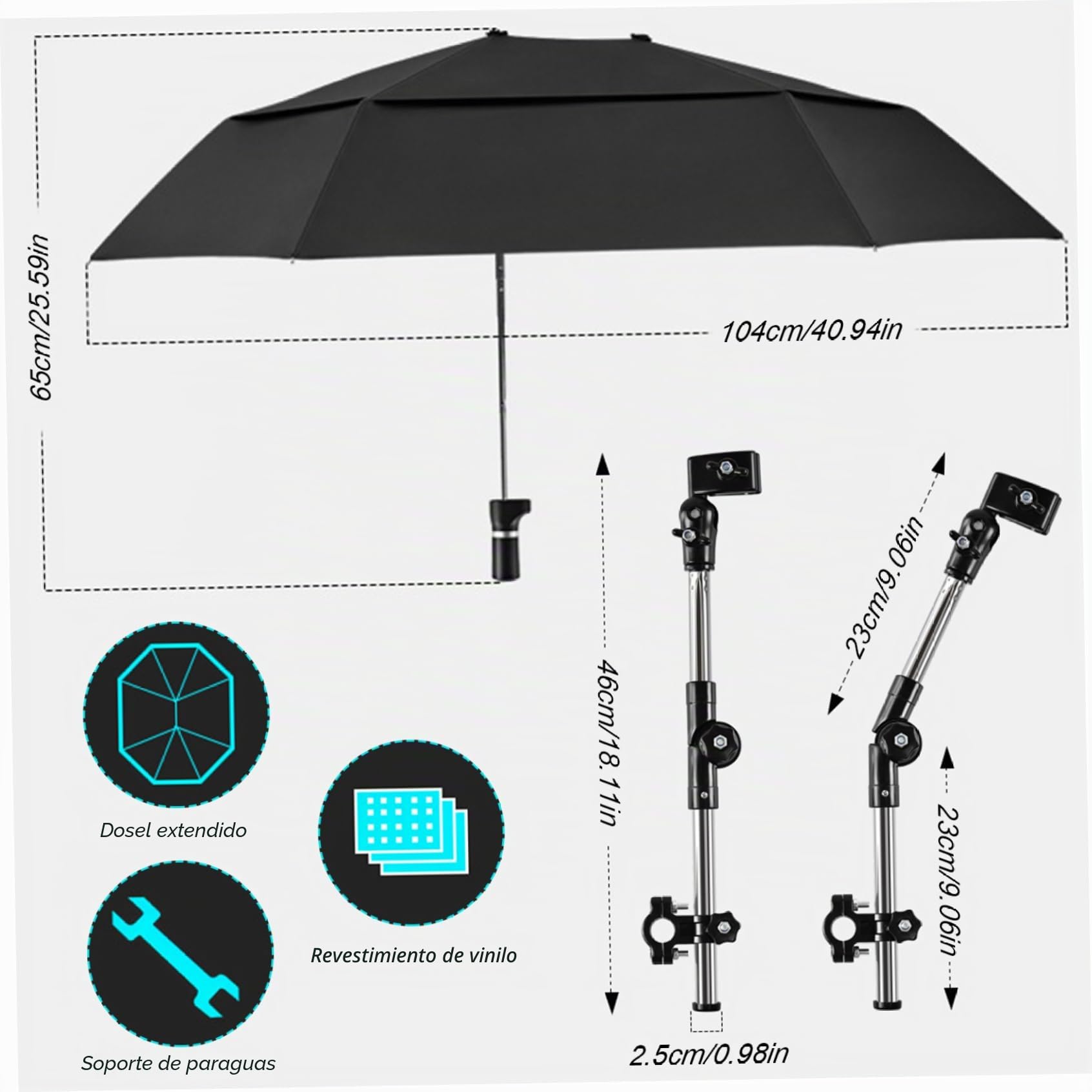 Paraguas para silla de ruedas con abrazadera, paraguas para silla con abrazadera ajustable, protección contra la lluvia/UV, de ruedas, sombrilla extendida de doble cara 40, 9 para cochecito, coc