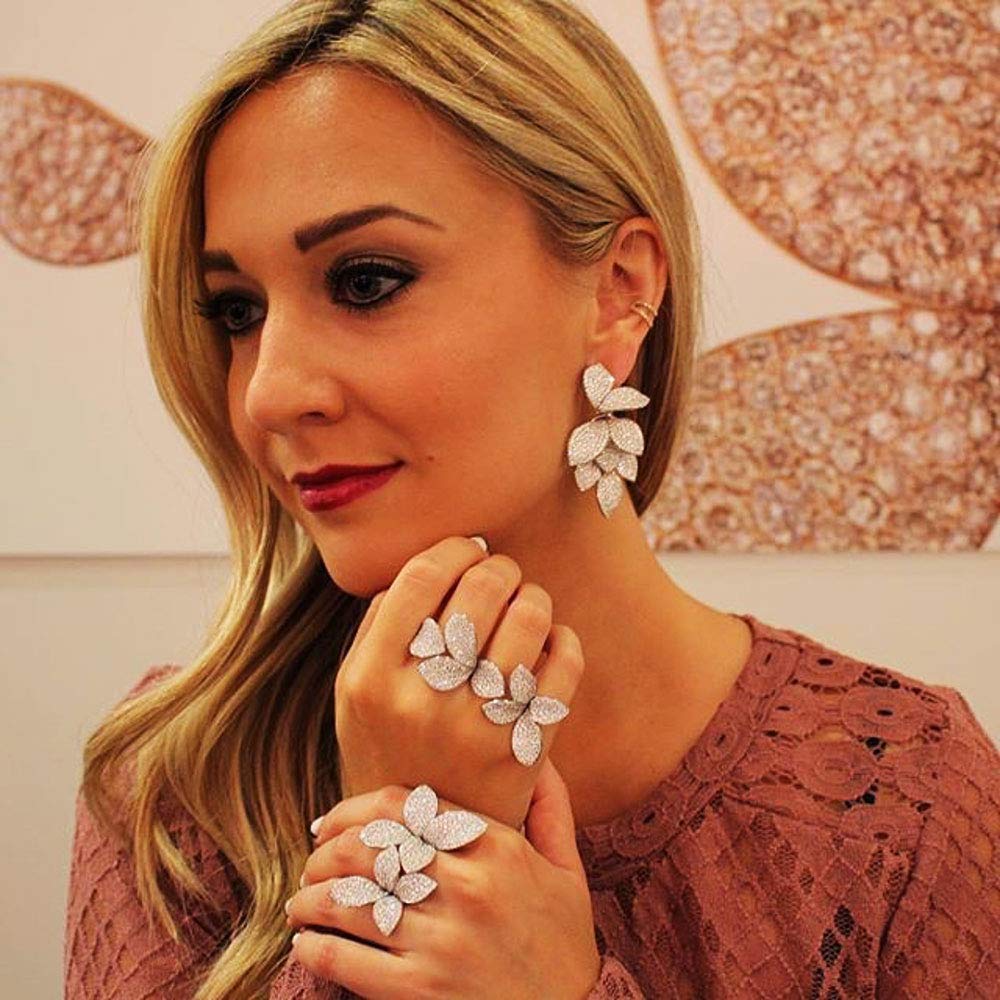 SLJELY 925 Plata de Ley Lujo Hoja Flor AAA Cubic Zirconia Anillo redimensionable para Mujeres Brillo Elegante Fiesta Anillos Hechos a Mano
