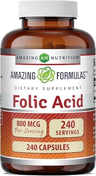 Amazing Formulas Folic Acid Vitamin B9 800 Mcg Supplement | Capsules | Non-GMO | Gluten-Free | Made in USA 1 Pack | 240 Count