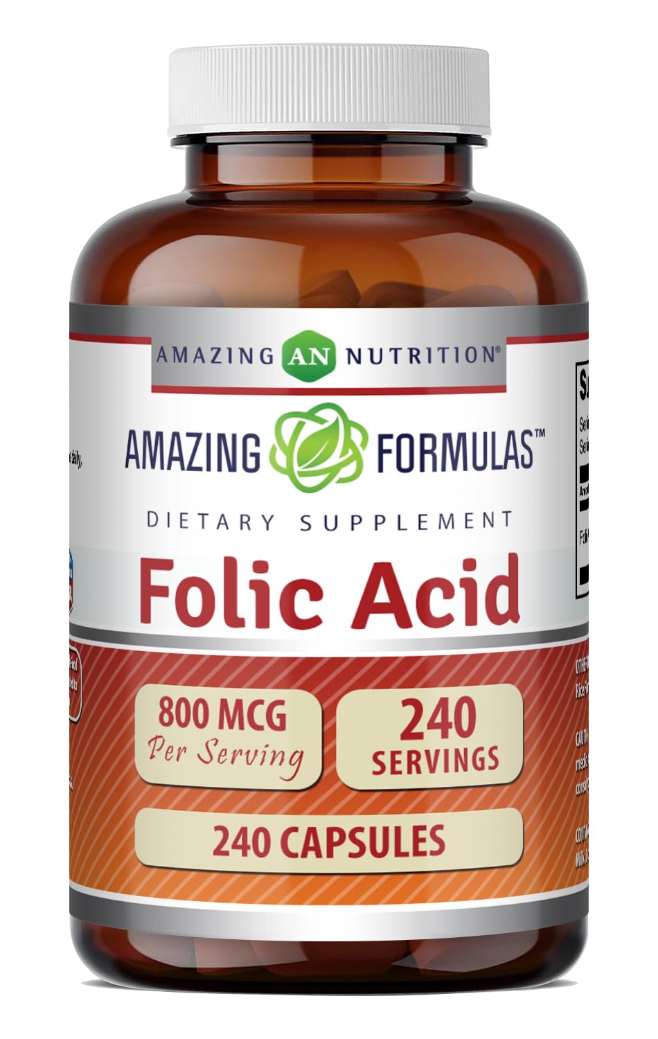 Amazing Formulas Folic Acid (Vitamin B9) 800 Mcg Supplement | Capsules | Non-GMO | Gluten-Free | Made in USA (1 Pack | 240 Count) Unflavored