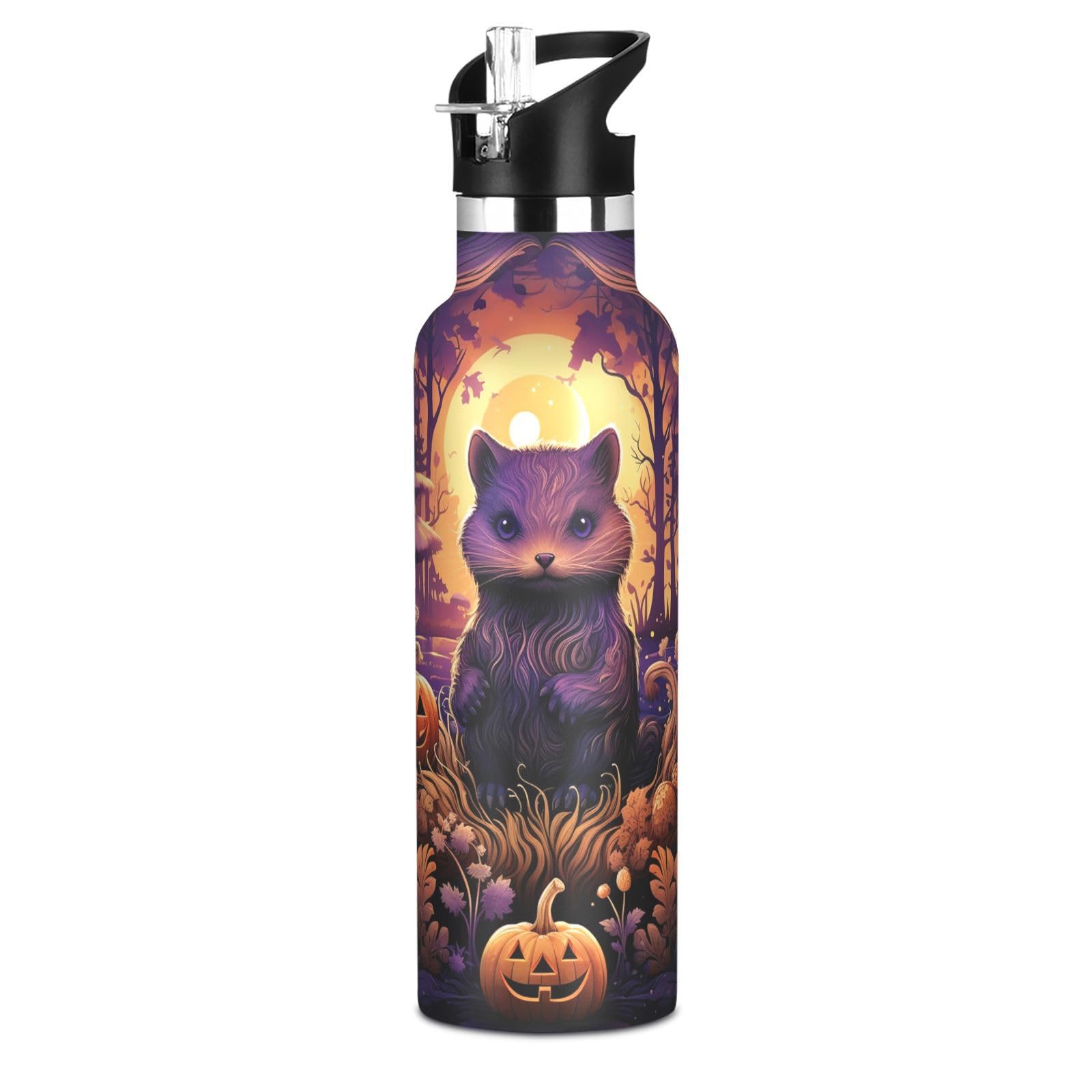 Kaaviyo Boys Pattern Purple Cat Halloween Pumpkins Water Bottle Stainless Steel Jug Insulated Vacuum Cup For Girls(600Ml)