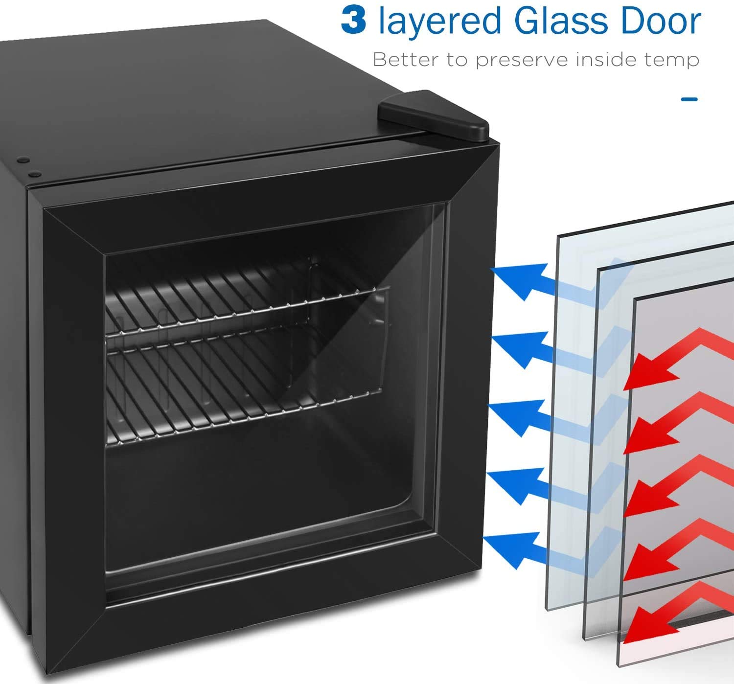 WATOOR 1.1 Cu Ft Mini Freezer Display Freezer with LED Light 2 Removable Shelves 7 Temperature Settings -8°F to 14°F Perfect for Liquor and Ice Cream