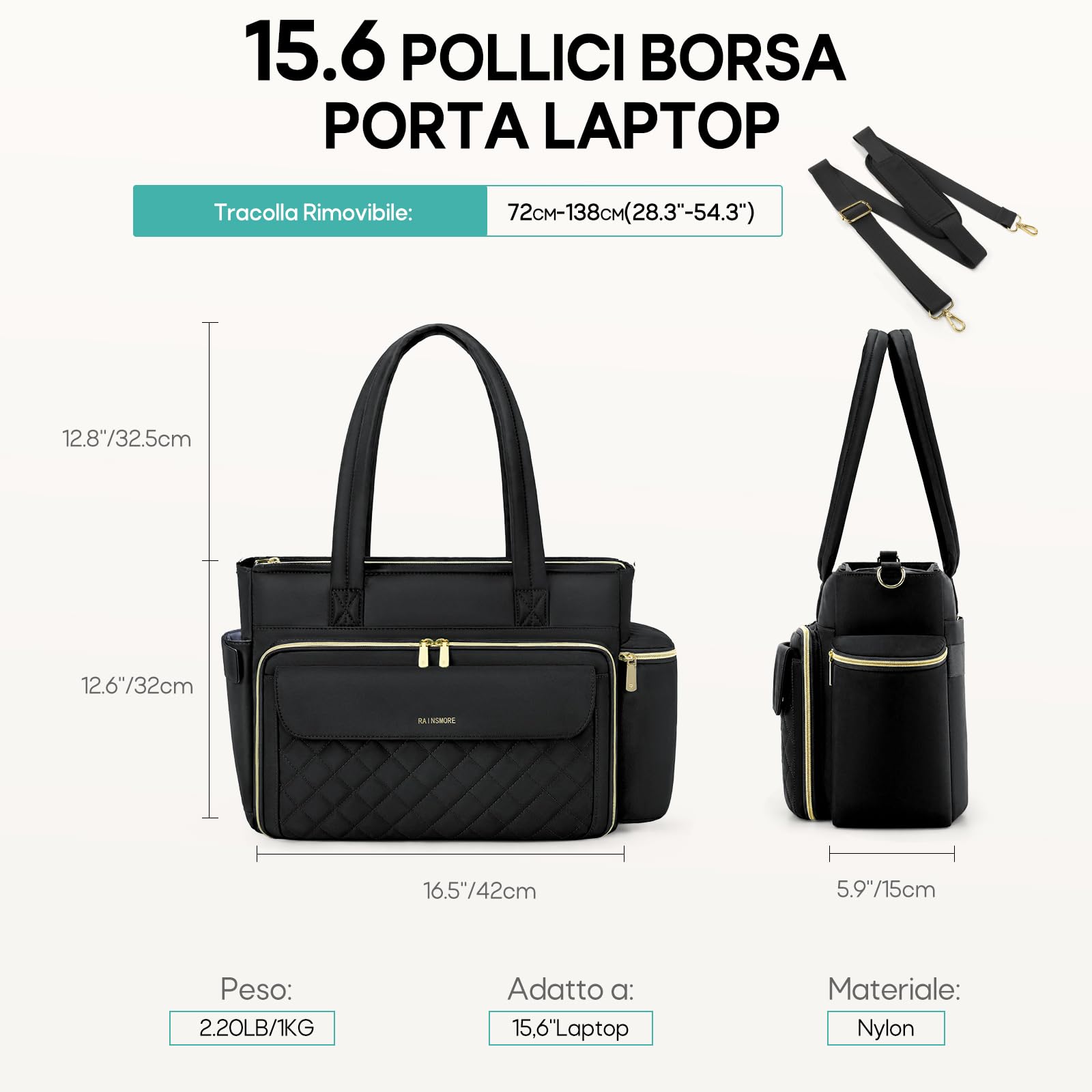 RAINSMORE Borsa da Lavoro Donna Porta PC 15.6 Pollici Grande Multitasche | Borsa Insegnante con Tasca Termica e Portaborraccia, Ideale per Scuola, Ufficio e Infermiere, Nero
