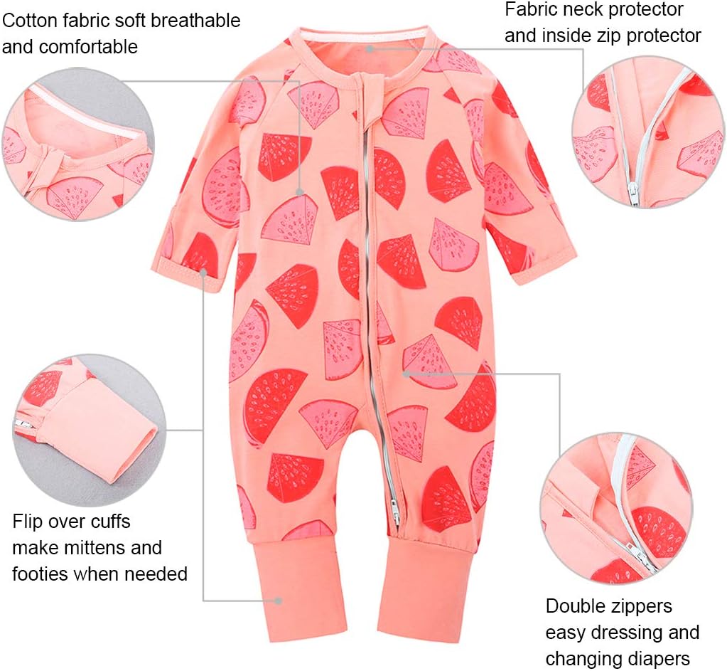 Baby Boys Girls Unisex 2-Pack Long Sleeve Cotton Footed Pajama Infant Cute Graphic 2-Way Zip Romper Sleep and Play