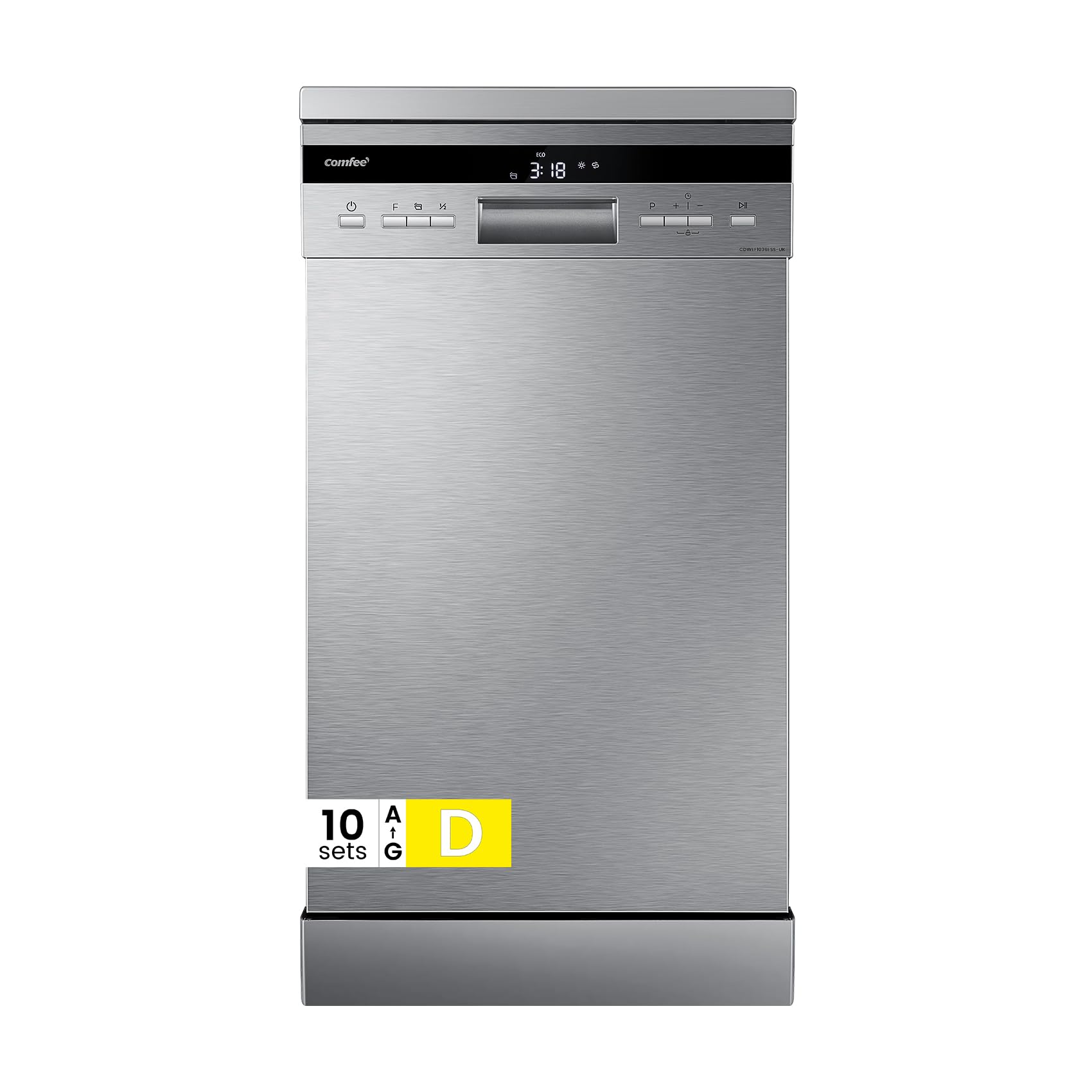 COMFEE' Slimline Freestanding Dishwasher CDWEF1036ESS-UK 45cm Wide With 10 Place Settings, Whisper Quiet 44dB, Auto Wash, Auto Open Drying, Energy Class D, Stainless Steel [Energy Class D]