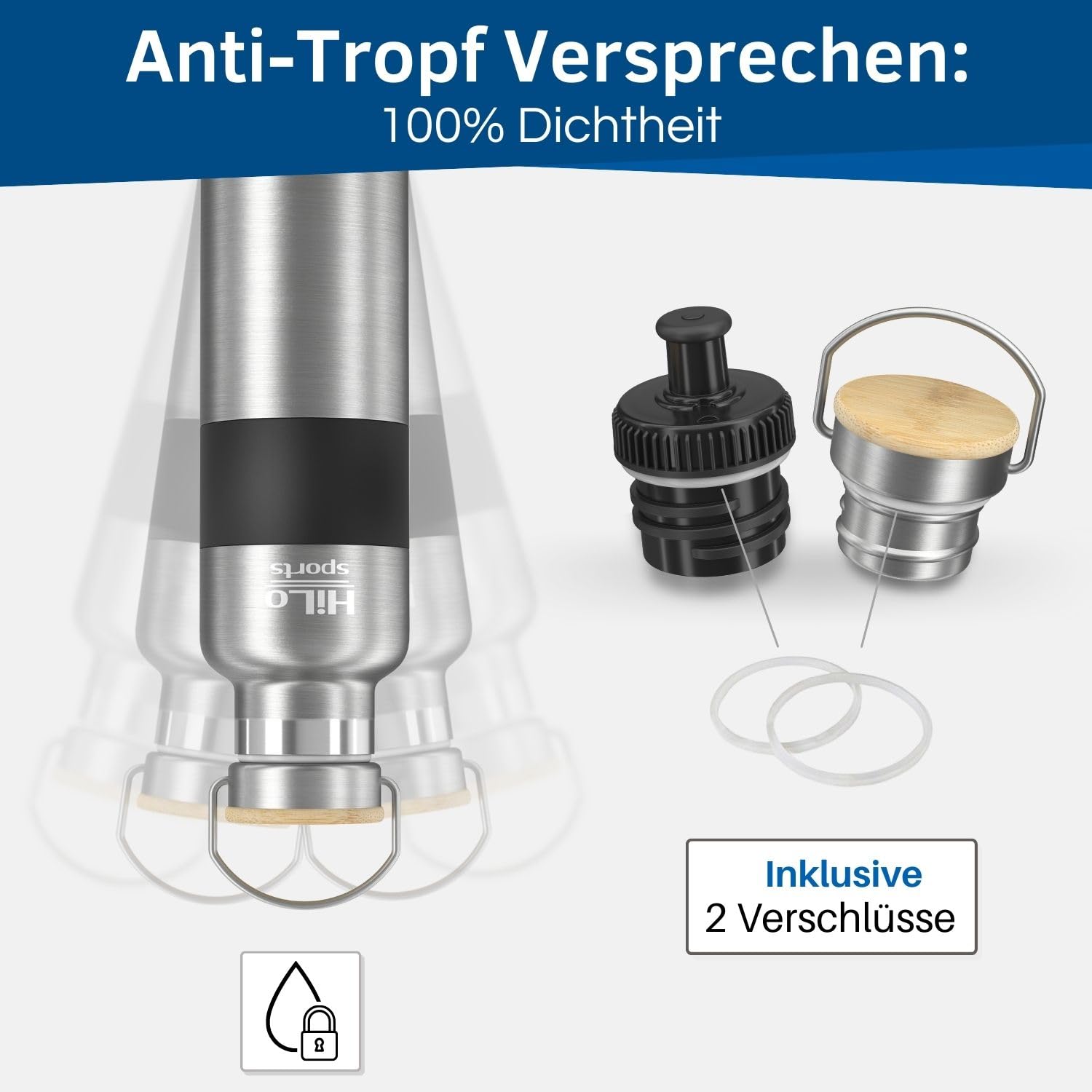 HiLo sports isolierte Trinkflasche Fahrrad Edelstahl 600ml - [Hält 12h warm & 24h kalt] Thermo Radflasche - Auslaufsichere Metall Fahrrad Trinkflasche mit 2 Verschlüssen