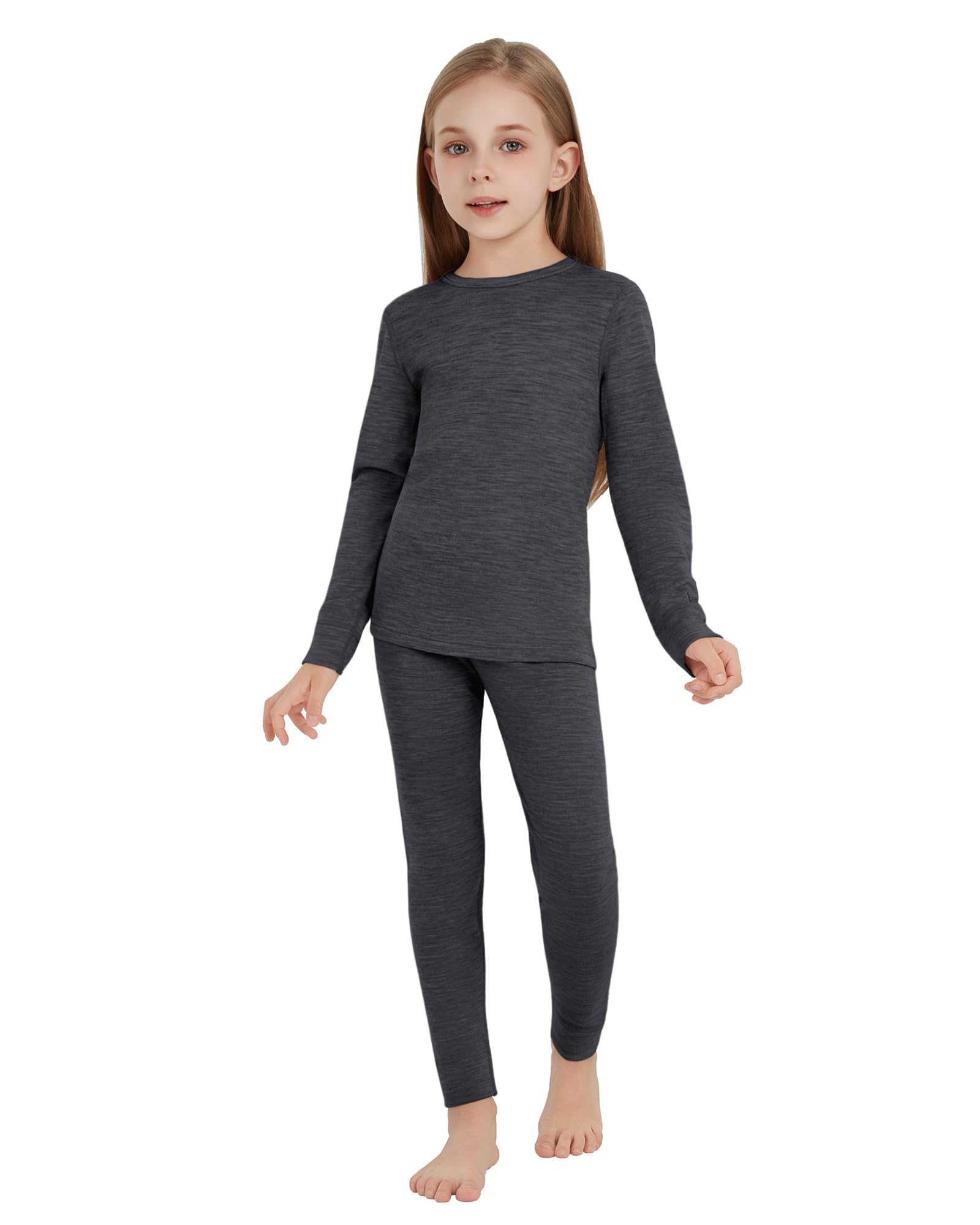 Ropa interior térmica infantil unisex, 100 % lana merino, juego para niños y niñas, ropa interior de esquí de invierno, cálida y cómoda, 260 g/m², gris brezo, 7-8