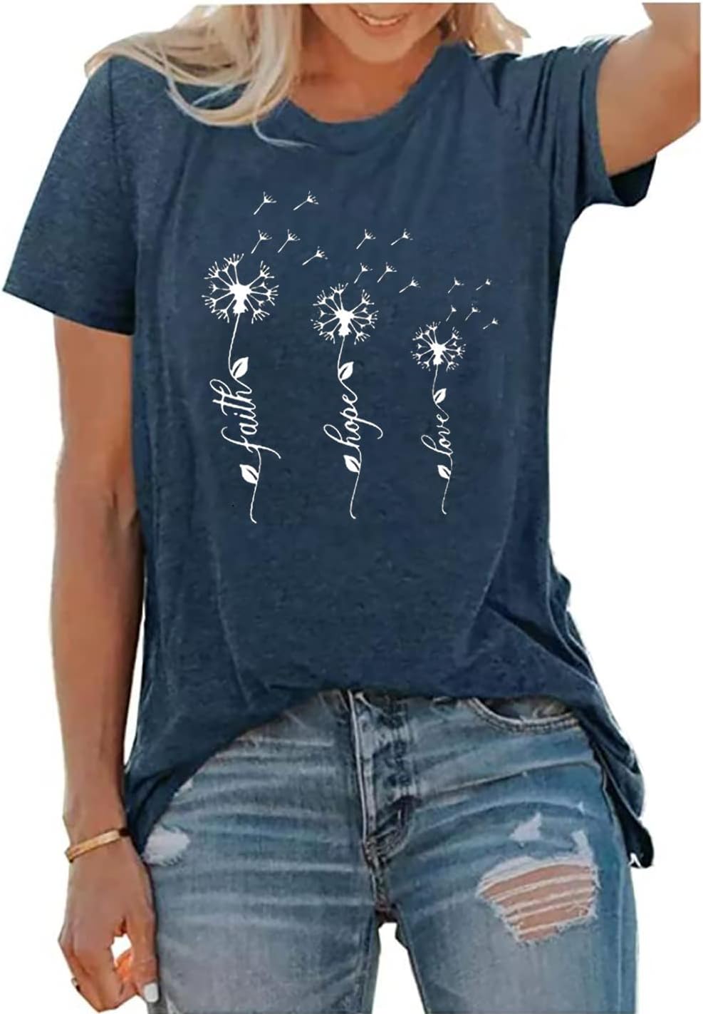 Dandelion Faith Hope Love T-Shirt for Women Funny Letter Print Short Sleeve Casual Tee Tops