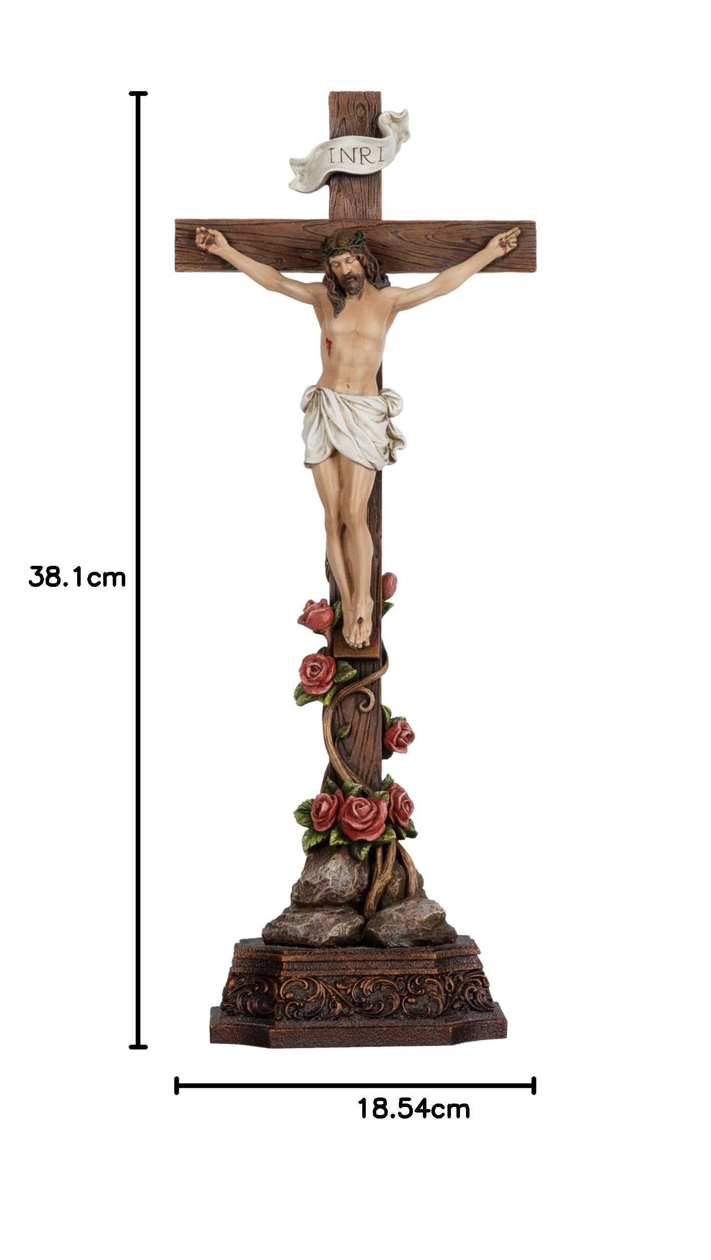 Grace4Joy Stehendes Kruzifix, katholisch, 36,7 cm, Kreuz: Jesus Christus, Tischstehendes Kreuz mit Rosenverzierung, handbemalt, Heim-Altar-Dekor