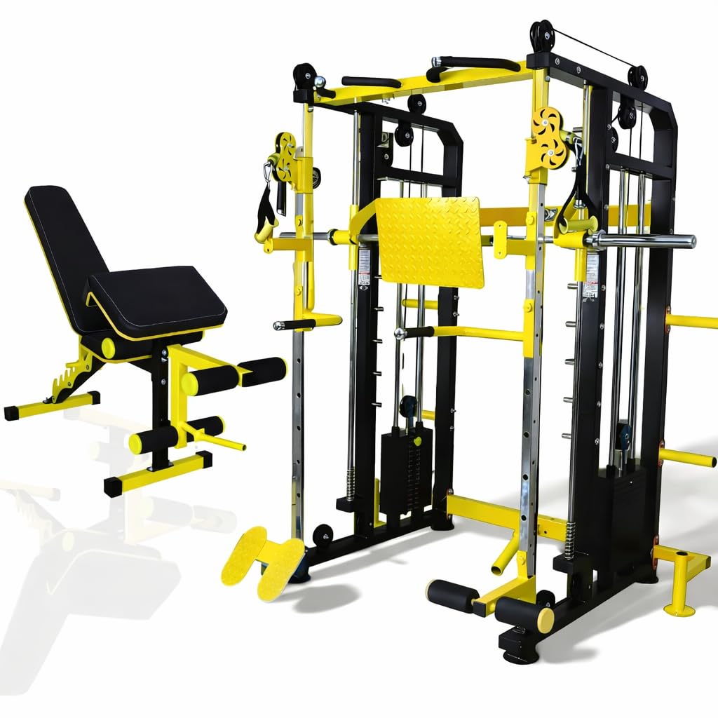 GYM24 EQUIPMENTS Multi Gym Functional Trainer with Smith Machine with Iron Weight Stack 80 kg Both Side for Home Gym Equipment with Bench (Yellow Black)-image-11