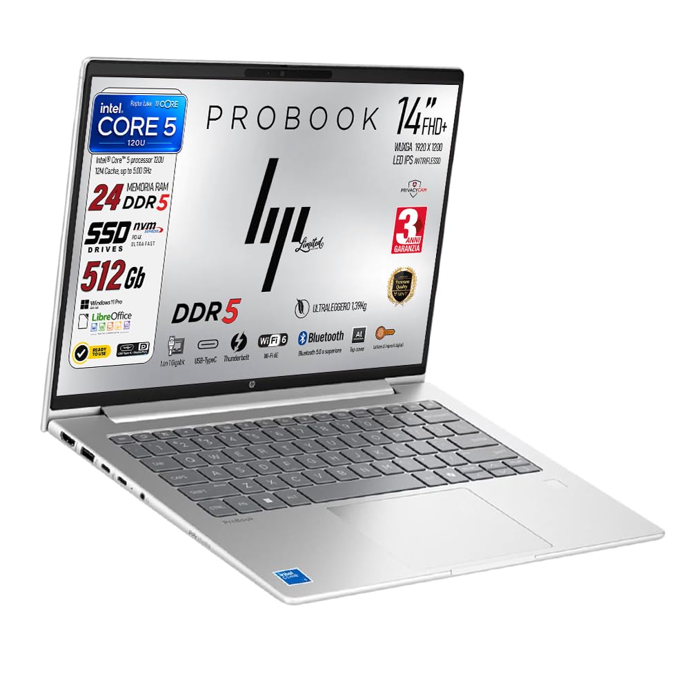 HP Notebook Portatile Intel Core 5 120U 10Core | RAM DDR5 24GB, SSD PCIe 512GB, Display IPS WUXGA 14", Wi-Fi 6, Tastiera QWERTY, Garanzia Italia